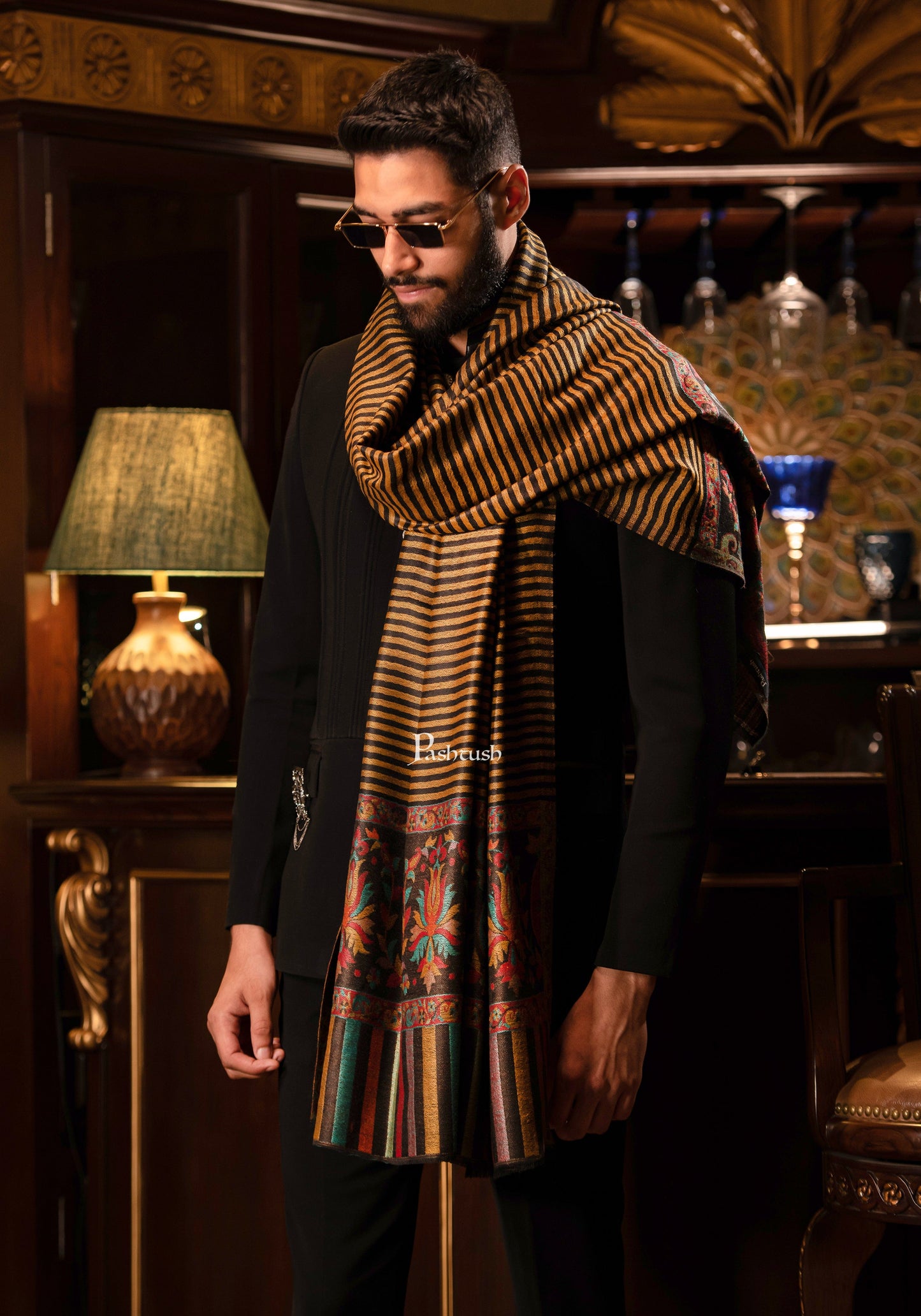 Pashtush India Mens Shawls Gents Shawl Pashtush Mens Soft Wool Cashmere Blended Stole With Ethnic Weave Palla, Multicolour