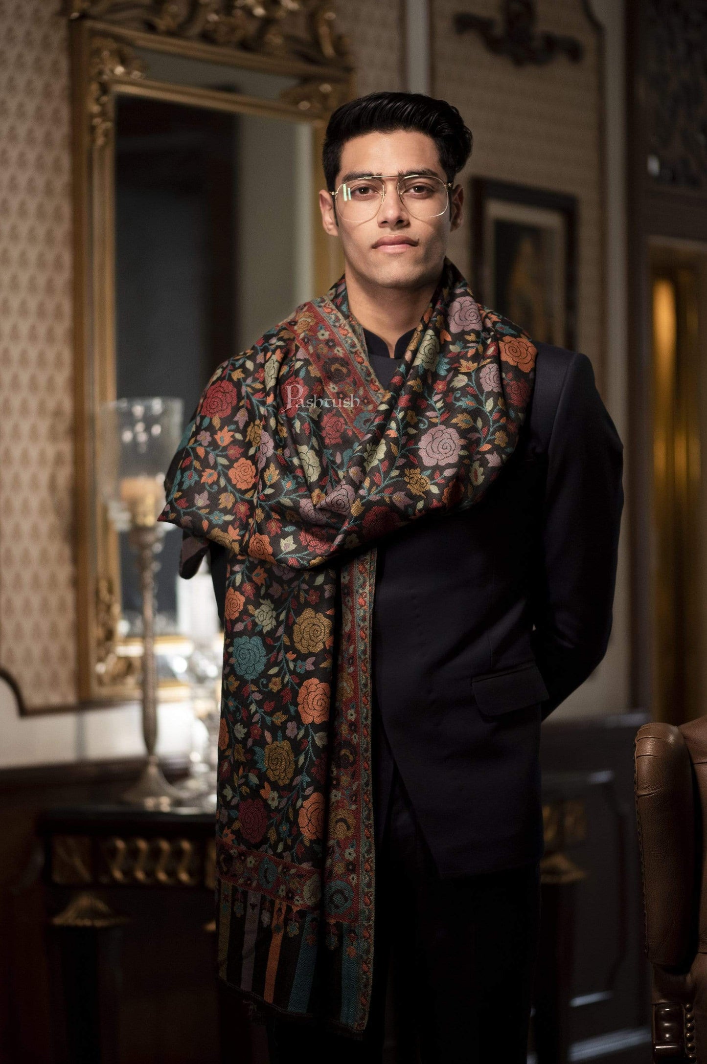 Pashtush India 70x200 Pashtush Mens Soft Wool, Kaani Weave Stole, Gulaab-dar, Black