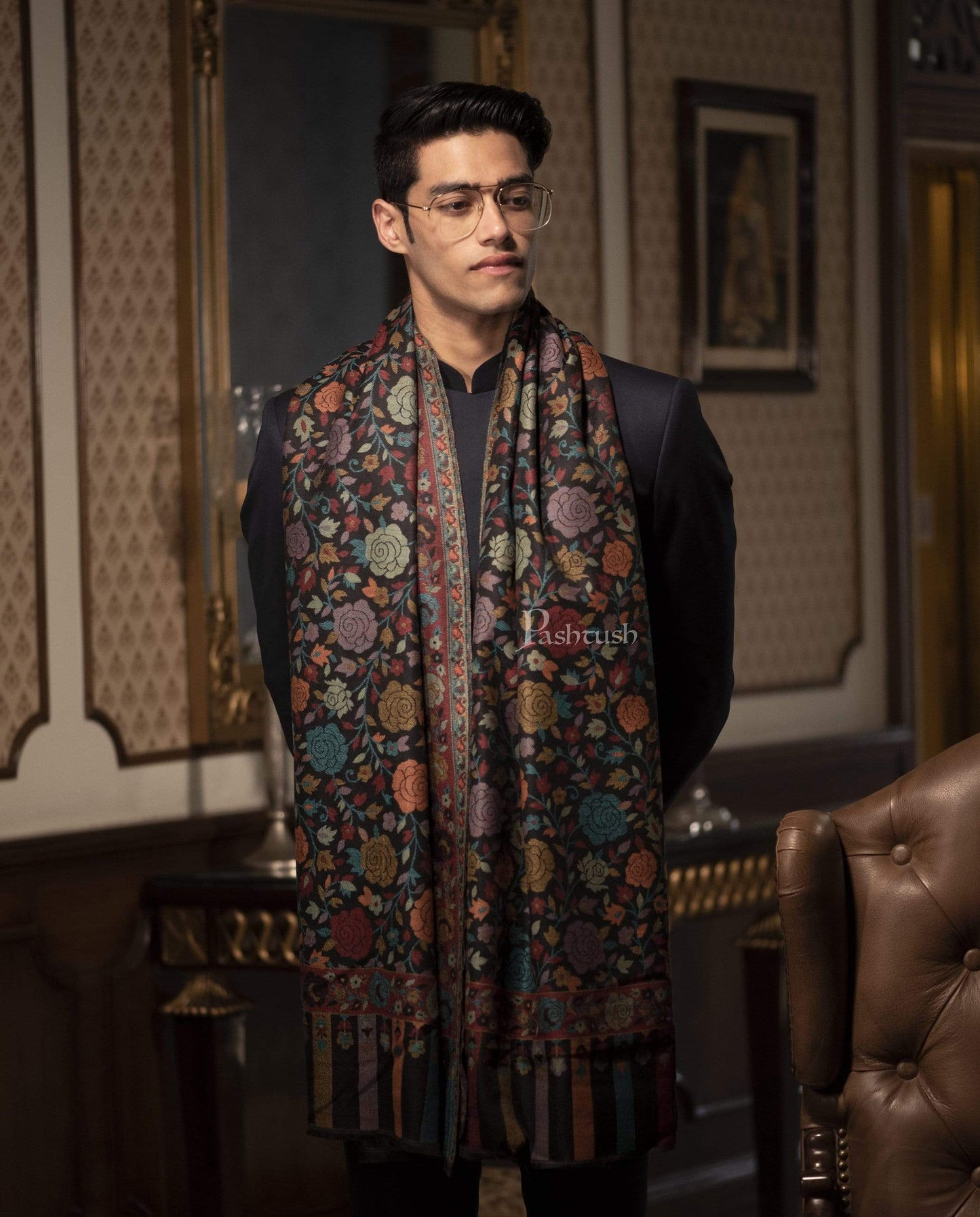 Pashtush India 70x200 Pashtush Mens Soft Wool, Kaani Weave Stole, Gulaab-dar, Black