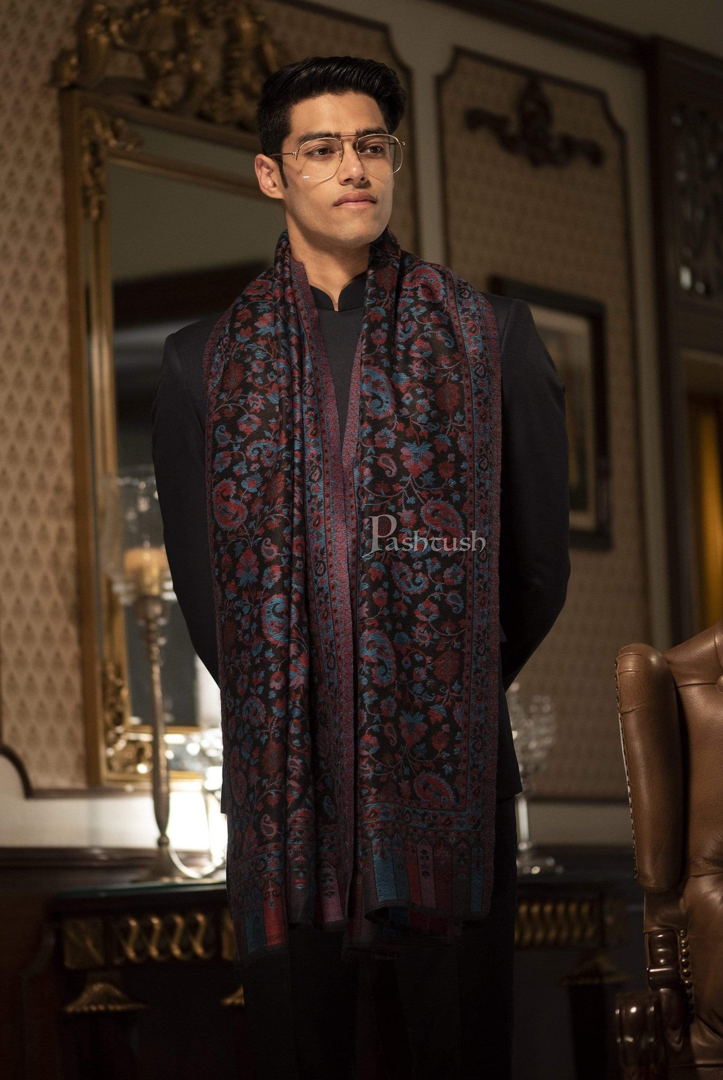 Pashtush India 70x200 Pashtush Mens Soft Wool, Reversible Stole, Scarf, Kaani Weave, Black
