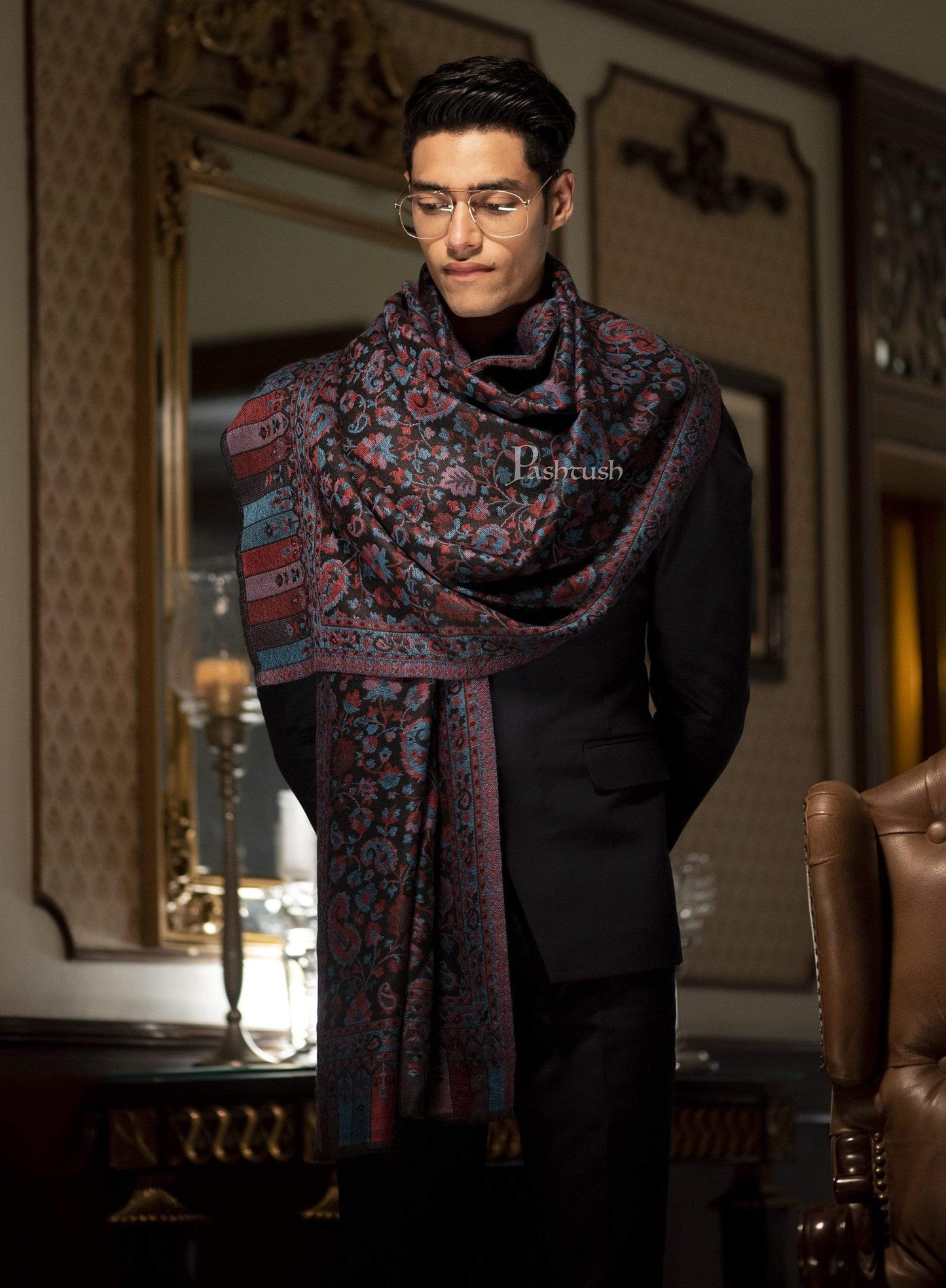 Pashtush India 70x200 Pashtush Mens Soft Wool, Reversible Stole, Scarf, Kaani Weave, Black