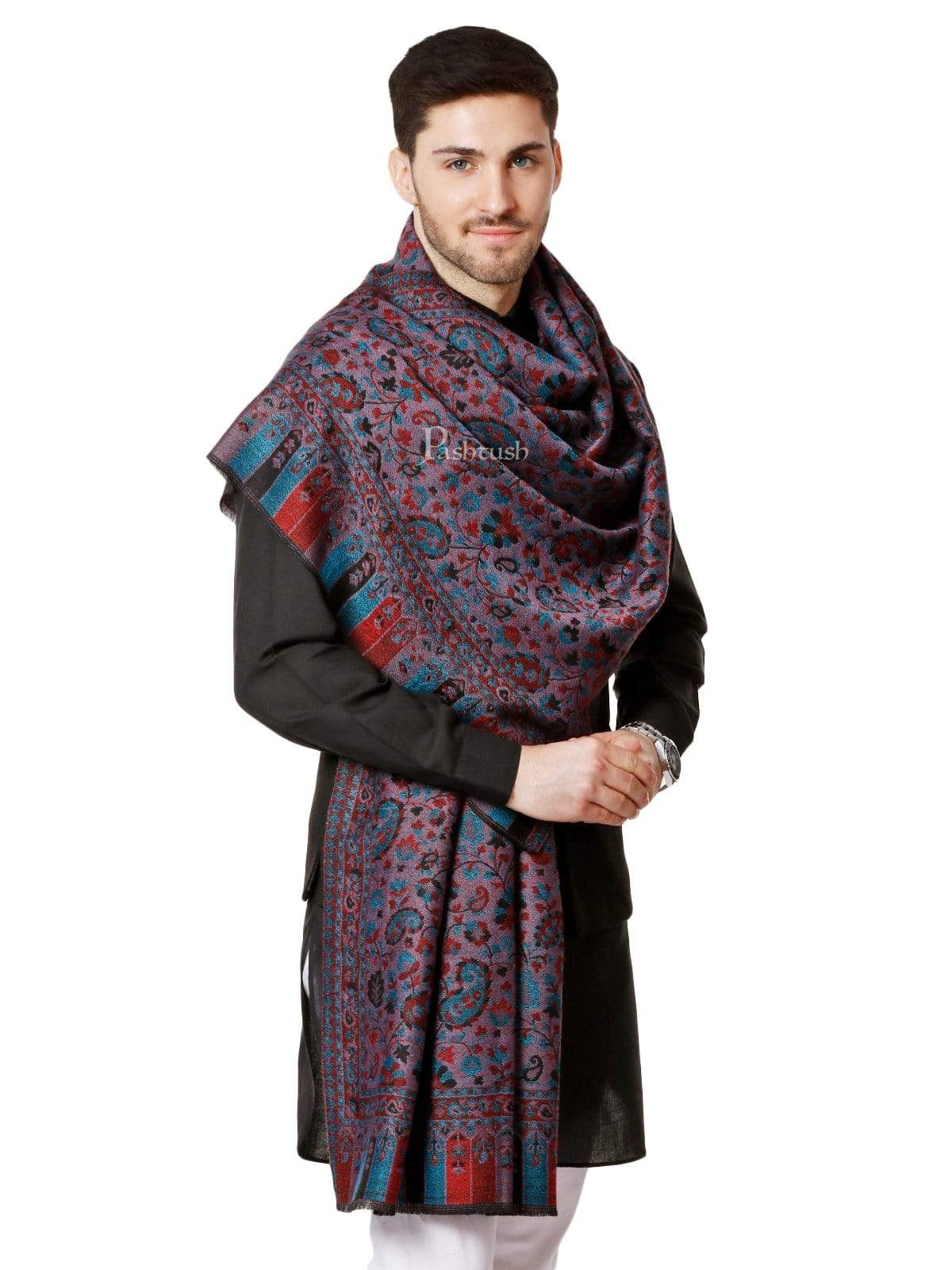 Pashtush India 70x200 Pashtush Mens Soft Wool, Reversible Stole, Scarf, Kaani Weave, Black