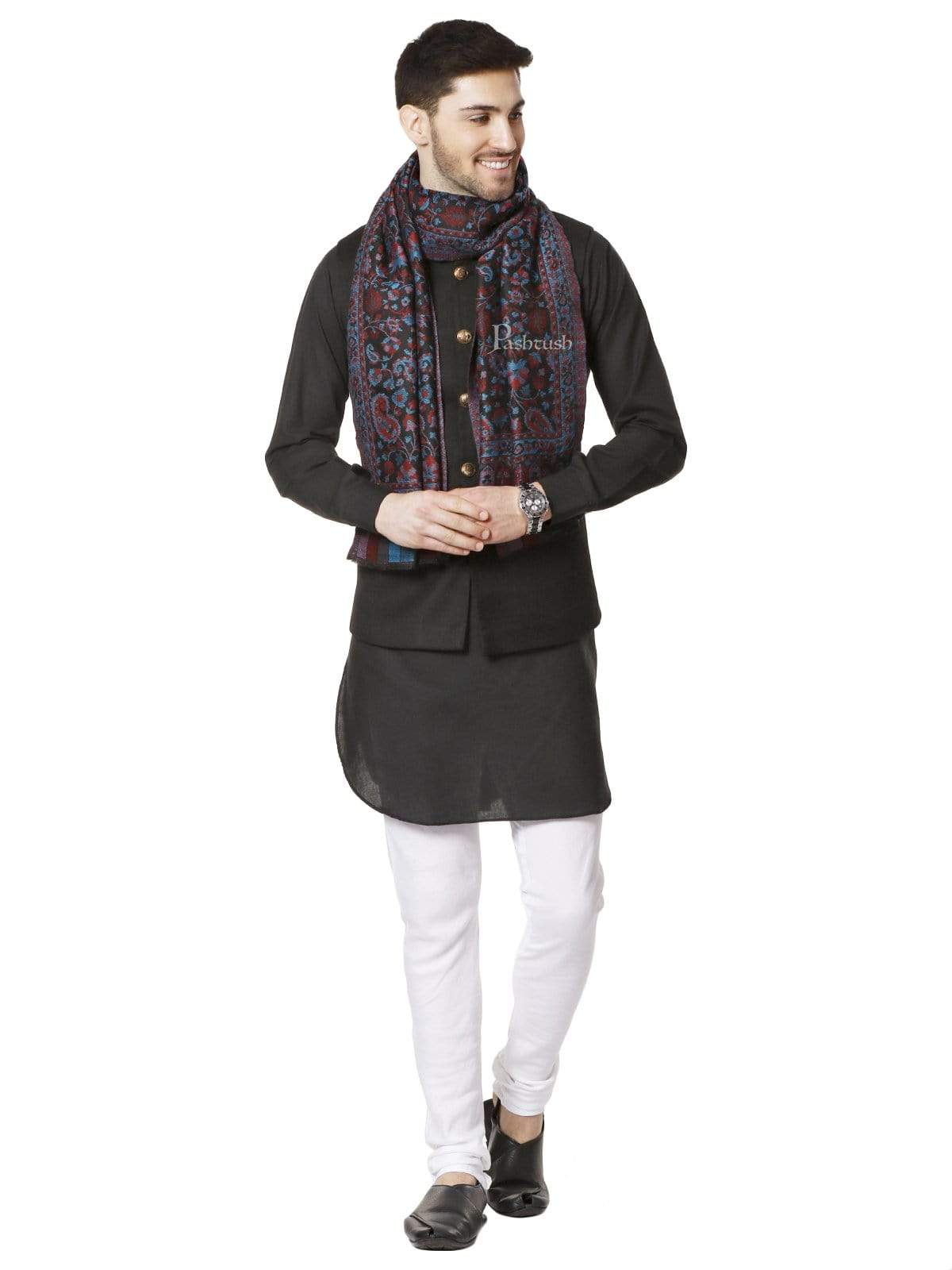 Pashtush India 70x200 Pashtush Mens Soft Wool, Reversible Stole, Scarf, Kaani Weave, Black