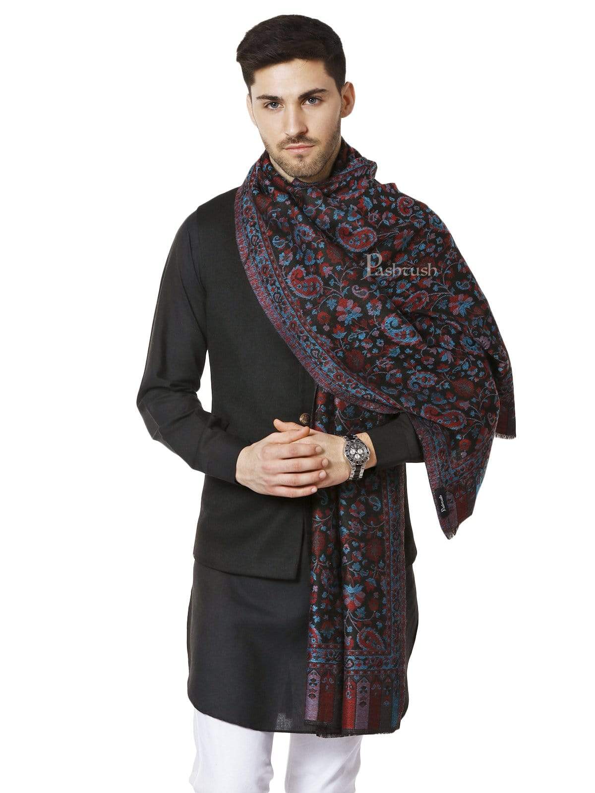 Pashtush India 70x200 Pashtush Mens Soft Wool, Reversible Stole, Scarf, Kaani Weave, Black