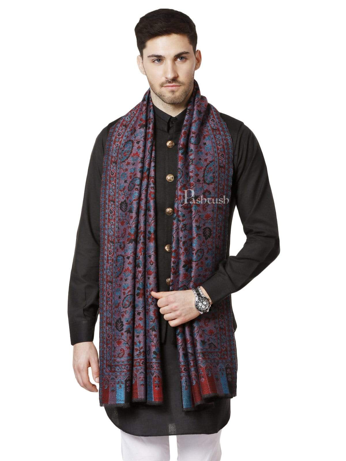 Pashtush India 70x200 Pashtush Mens Soft Wool, Reversible Stole, Scarf, Kaani Weave, Black