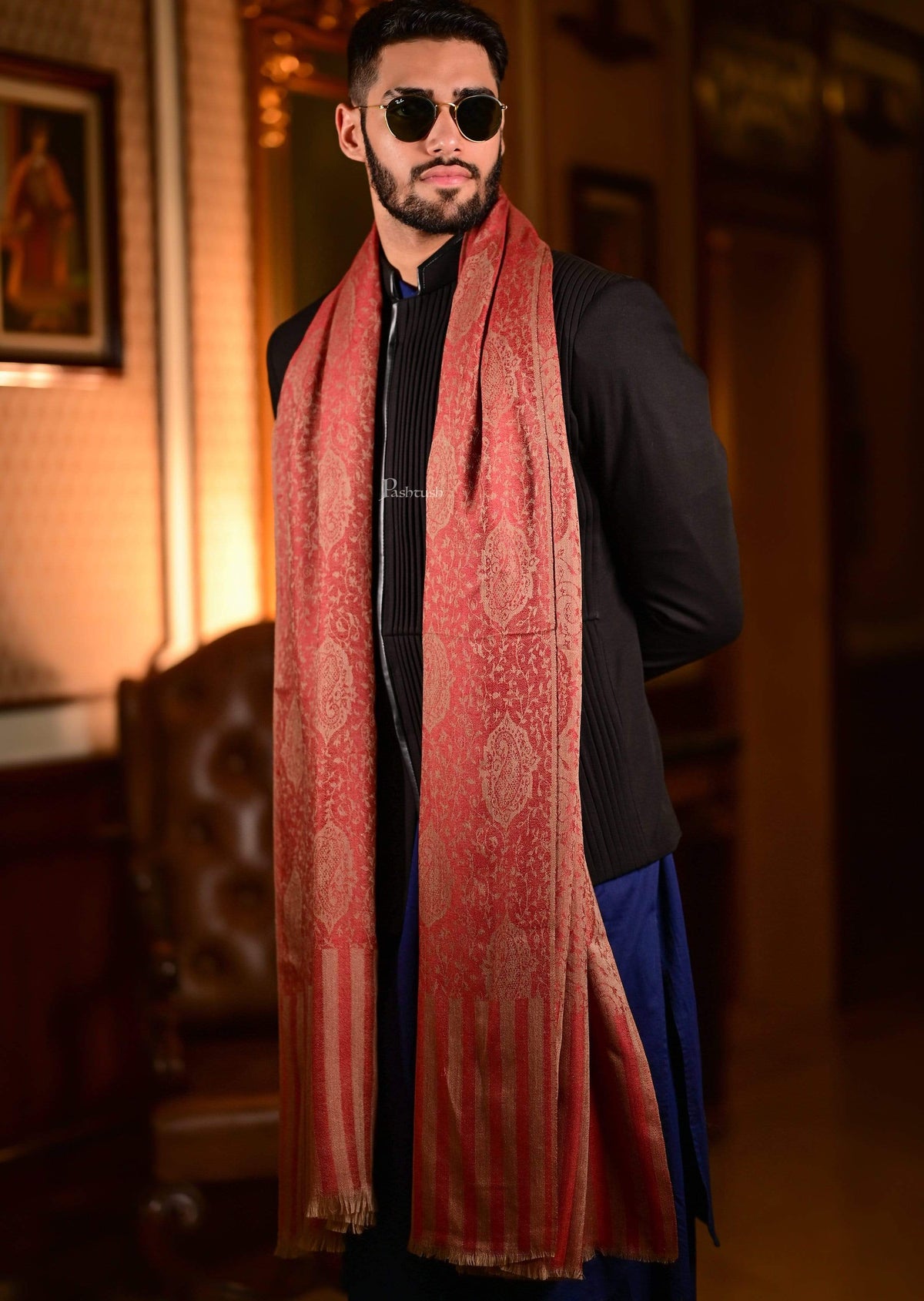 Pashtush India 70x200 Pashtush Mens Soft Wool, Reversible Stole Scarf, Self Paisley Weave, Ruby