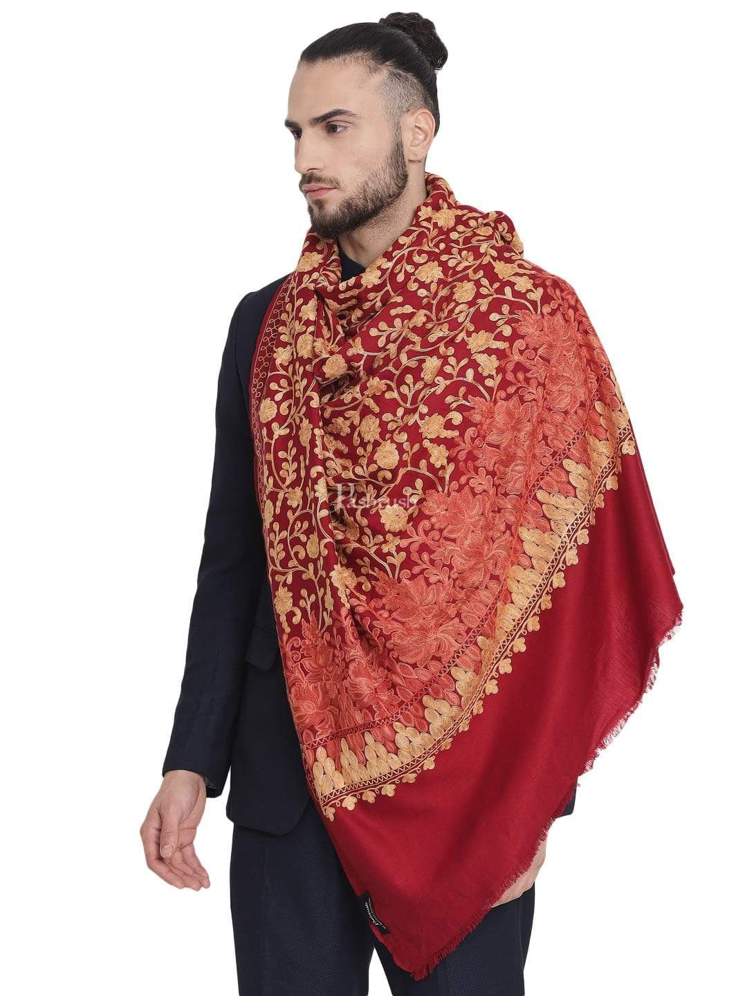 Pashtush India 100x200 Pashtush Mens Stole, Aari Embroidery, Maroon