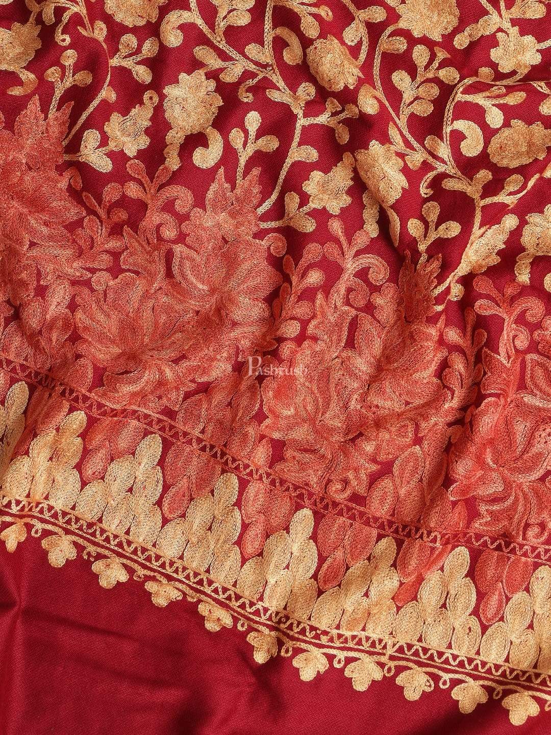 Pashtush India 100x200 Pashtush Mens Stole, Aari Embroidery, Maroon
