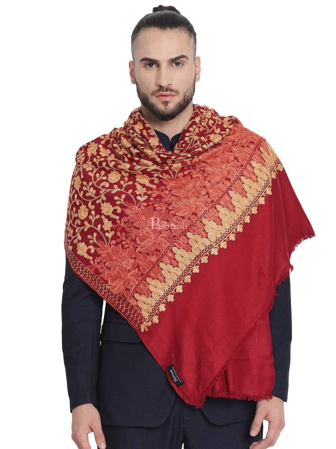Pashtush India 100x200 Pashtush Mens Stole, Aari Embroidery, Maroon