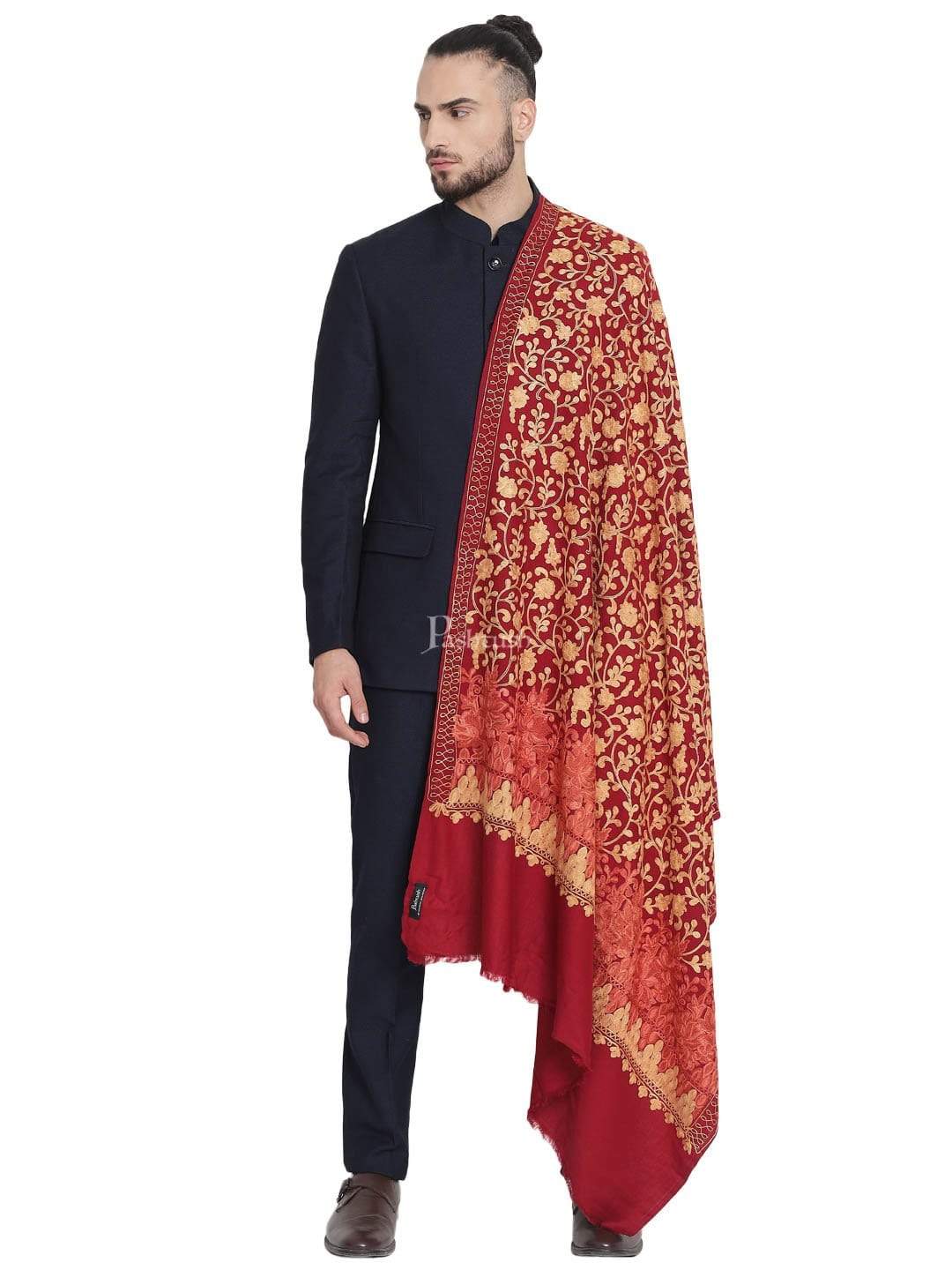 Pashtush India 100x200 Pashtush Mens Stole, Aari Embroidery, Maroon