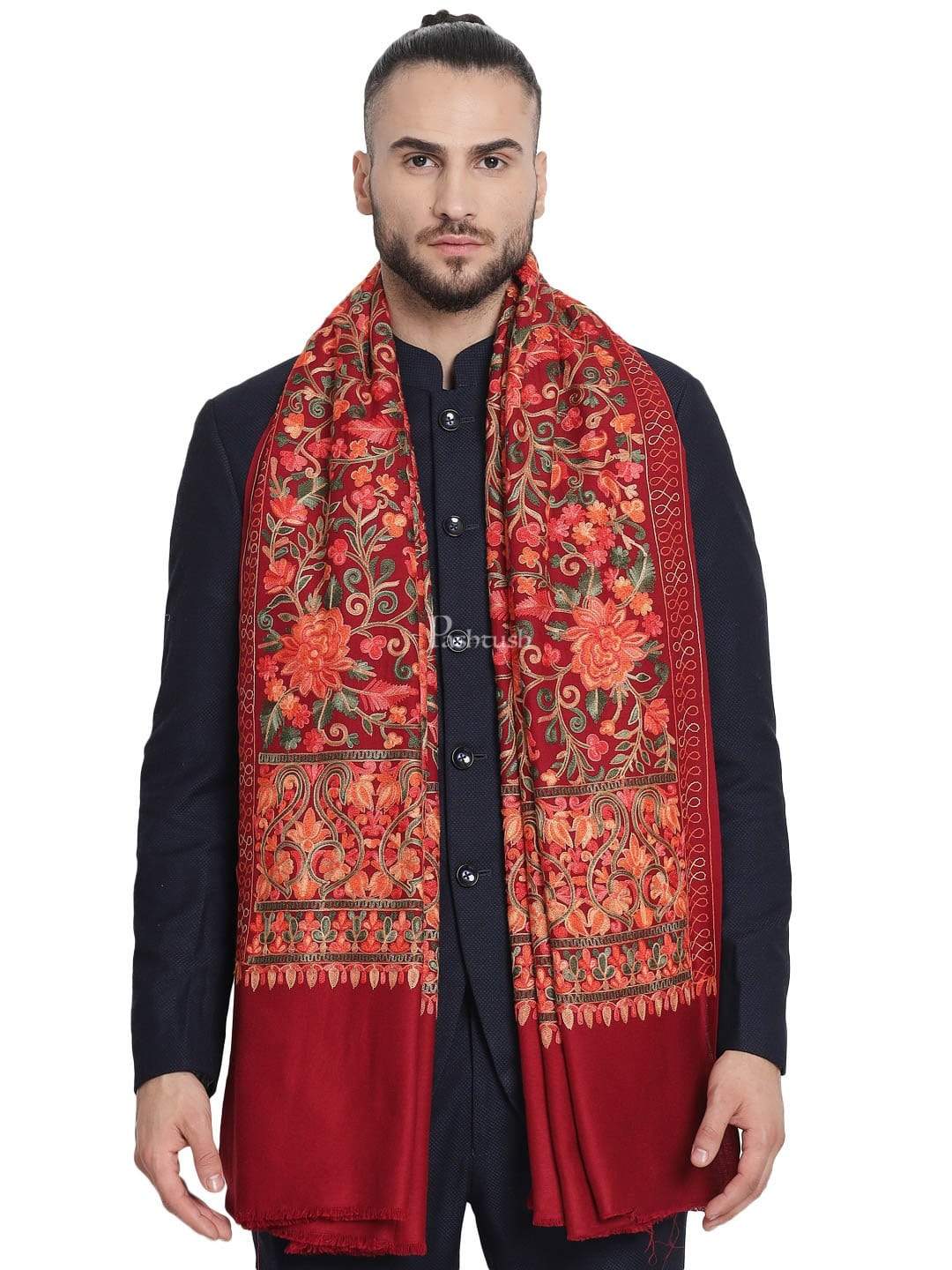 Pashtush India 100x200 Pashtush Mens Stole, Aari Embroidery, Maroon