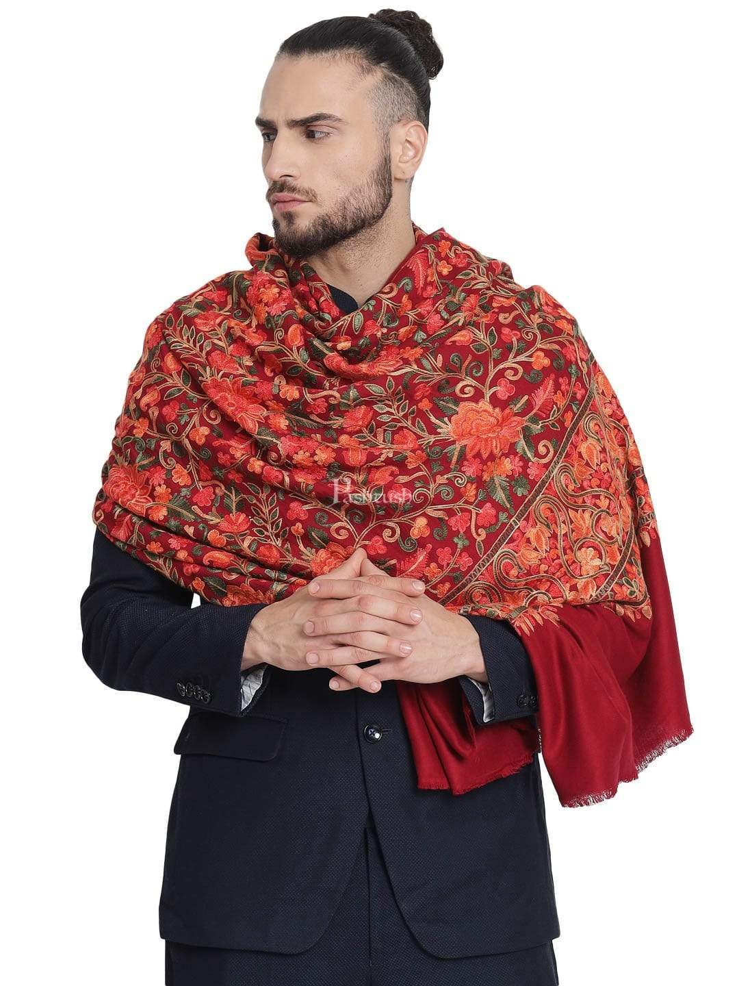 Pashtush India 100x200 Pashtush Mens Stole, Aari Embroidery, Maroon