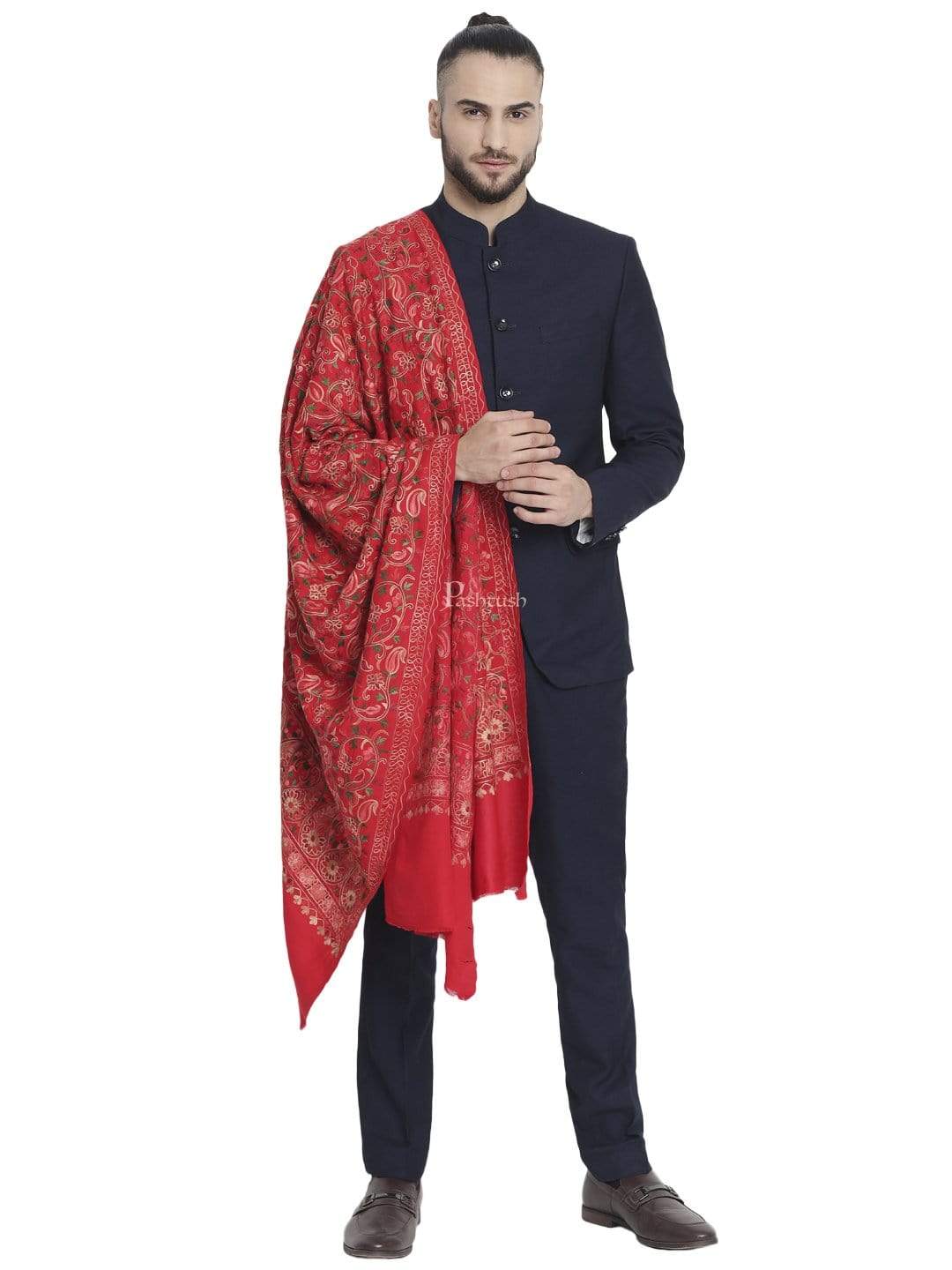 Pashtush India 100x200 Pashtush Mens Stole, Aari Embroidery, Red