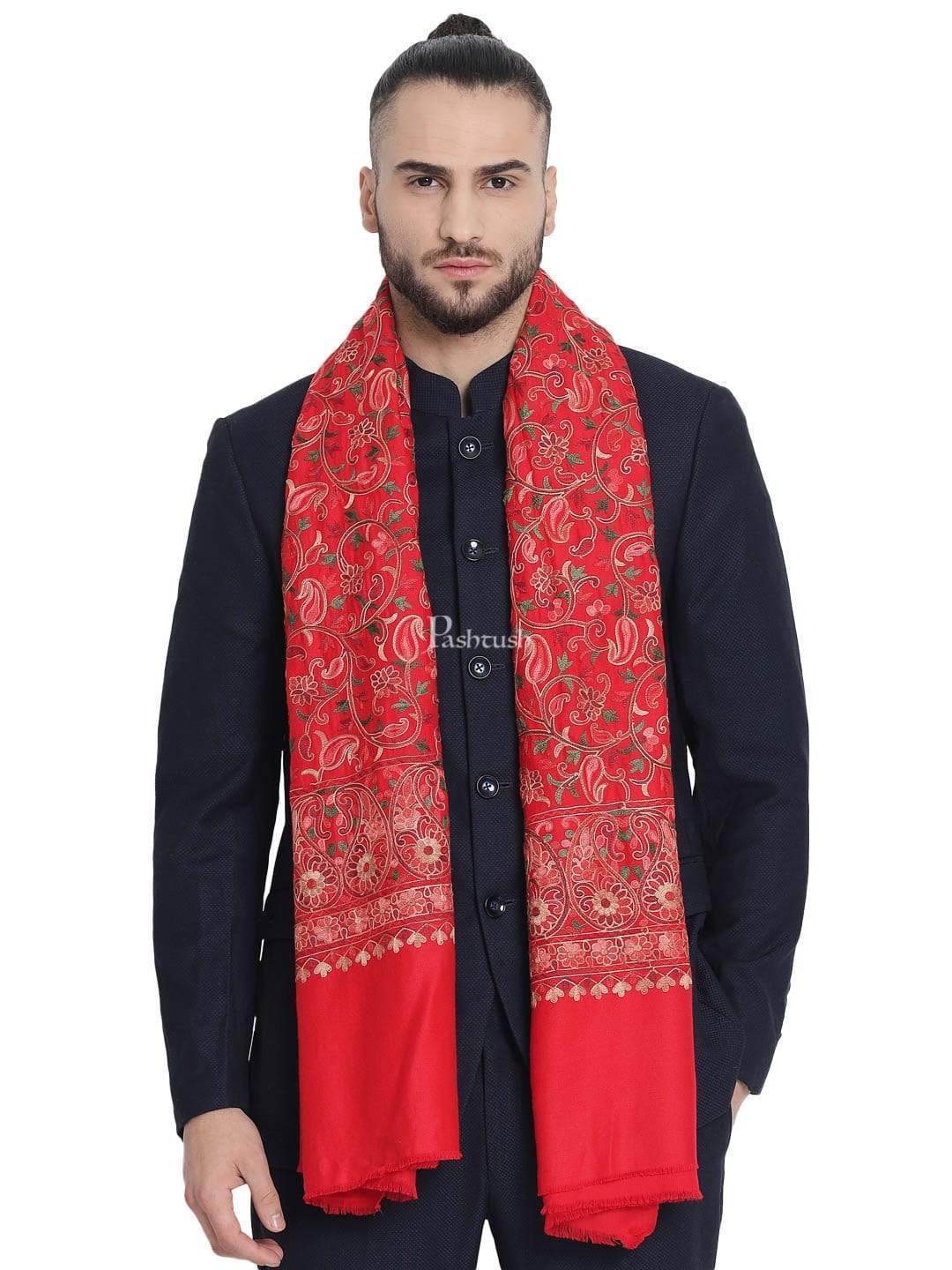 Pashtush India 100x200 Pashtush Mens Stole, Aari Embroidery, Red