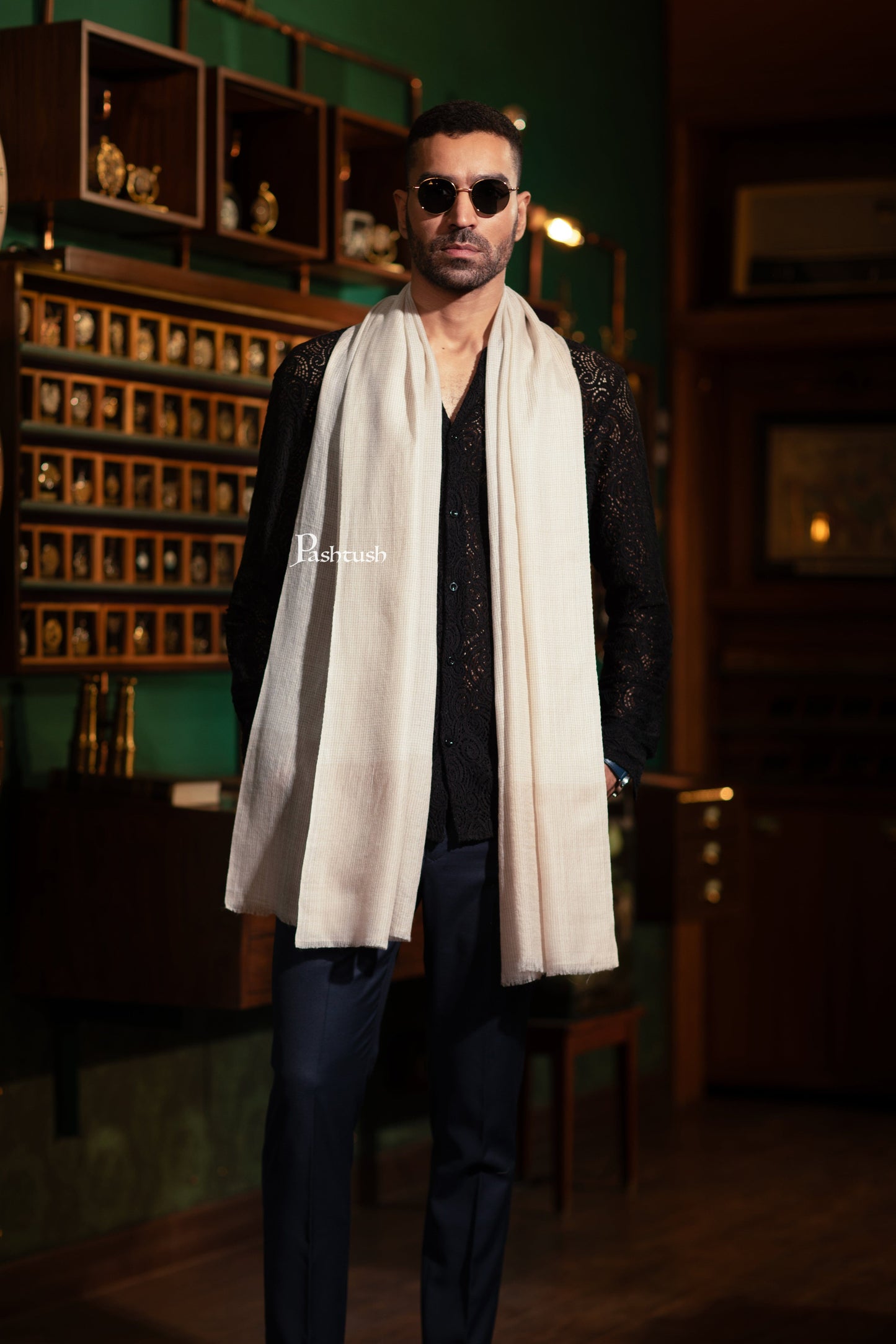 Pashtush India Mens Scarves Stoles and Mufflers Pashtush Mens Stole, Checkered Design, Cream