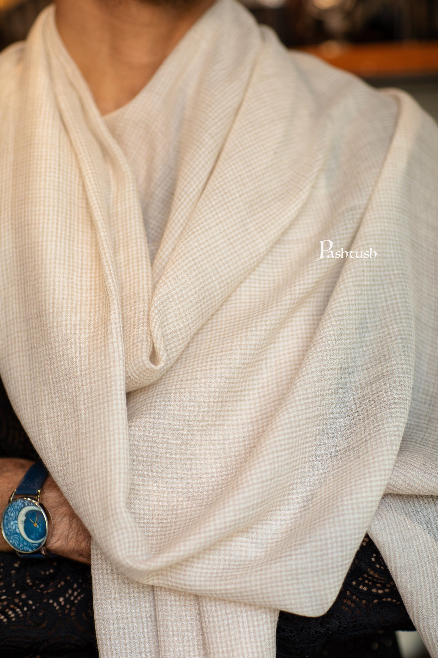 Pashtush India Mens Scarves Stoles and Mufflers Pashtush Mens Stole, Checkered Design, Cream