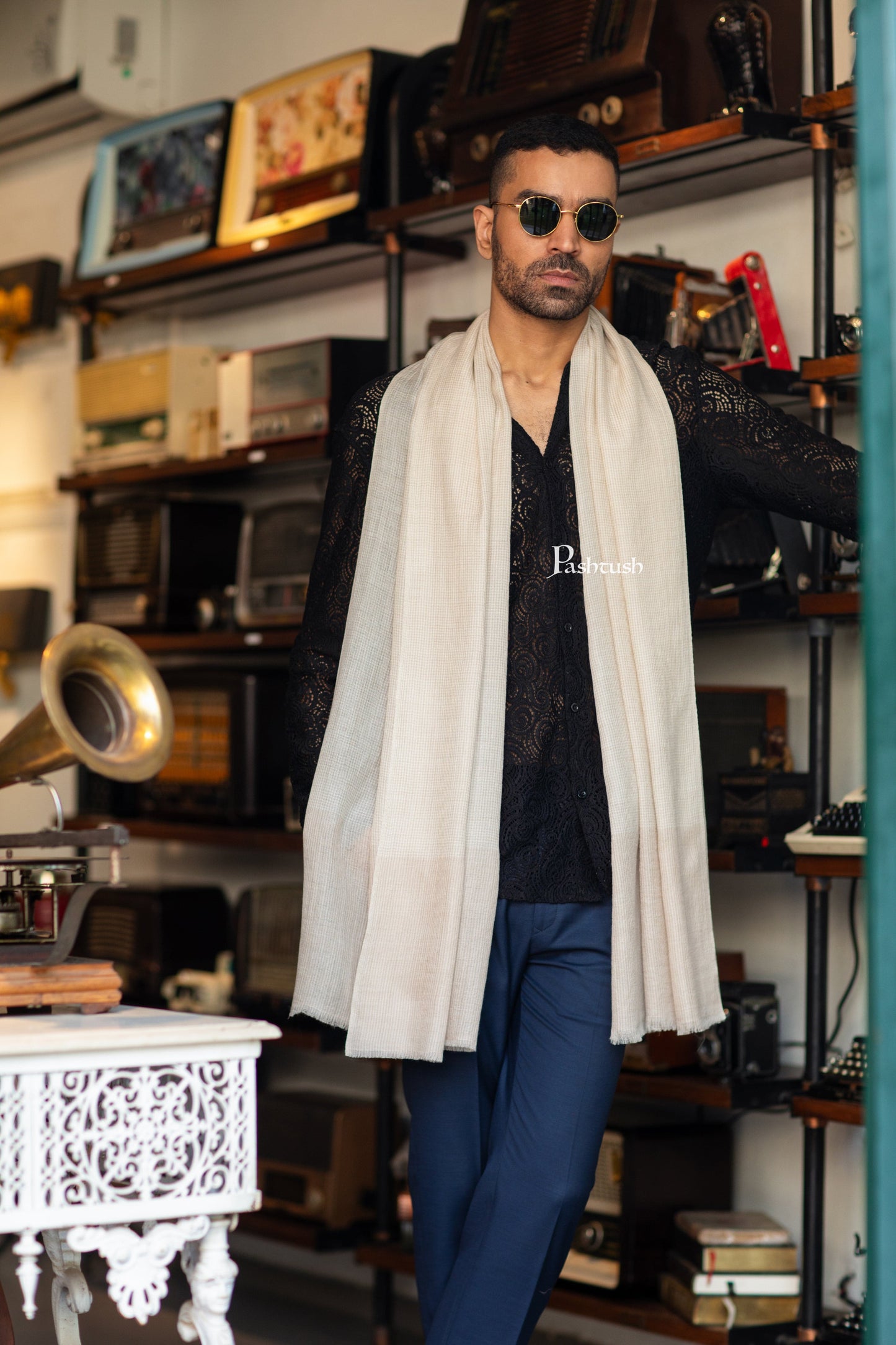 Pashtush India Mens Scarves Stoles and Mufflers Pashtush Mens Stole, Checkered Design, Cream