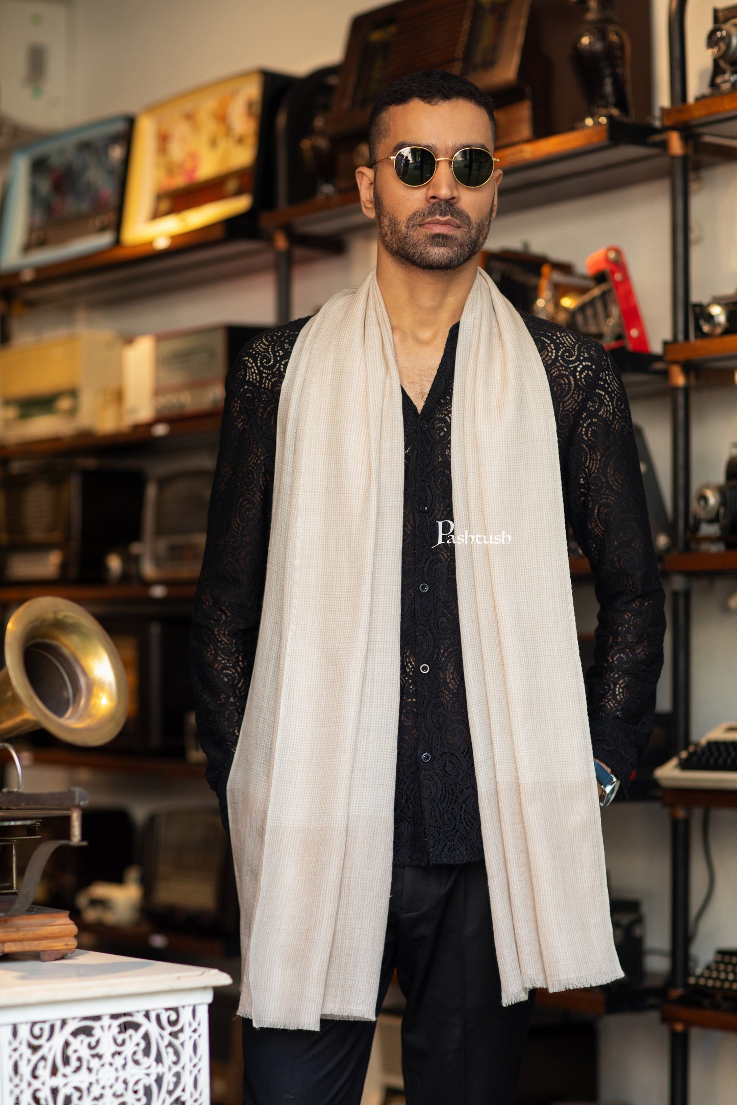 Pashtush India Mens Scarves Stoles and Mufflers Pashtush Mens Stole, Checkered Design, Cream