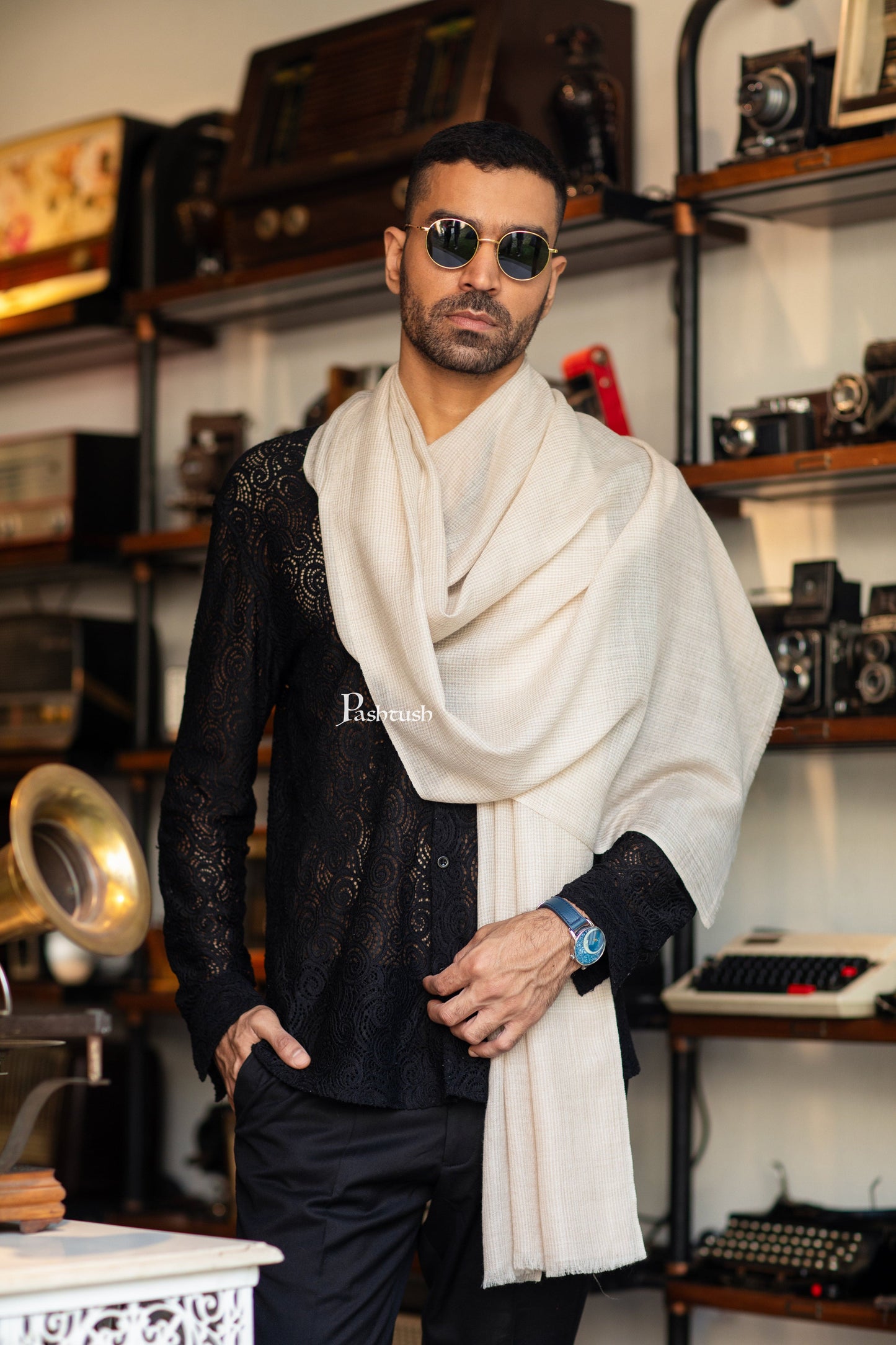 Pashtush India Mens Scarves Stoles and Mufflers Pashtush Mens Stole, Checkered Design, Cream
