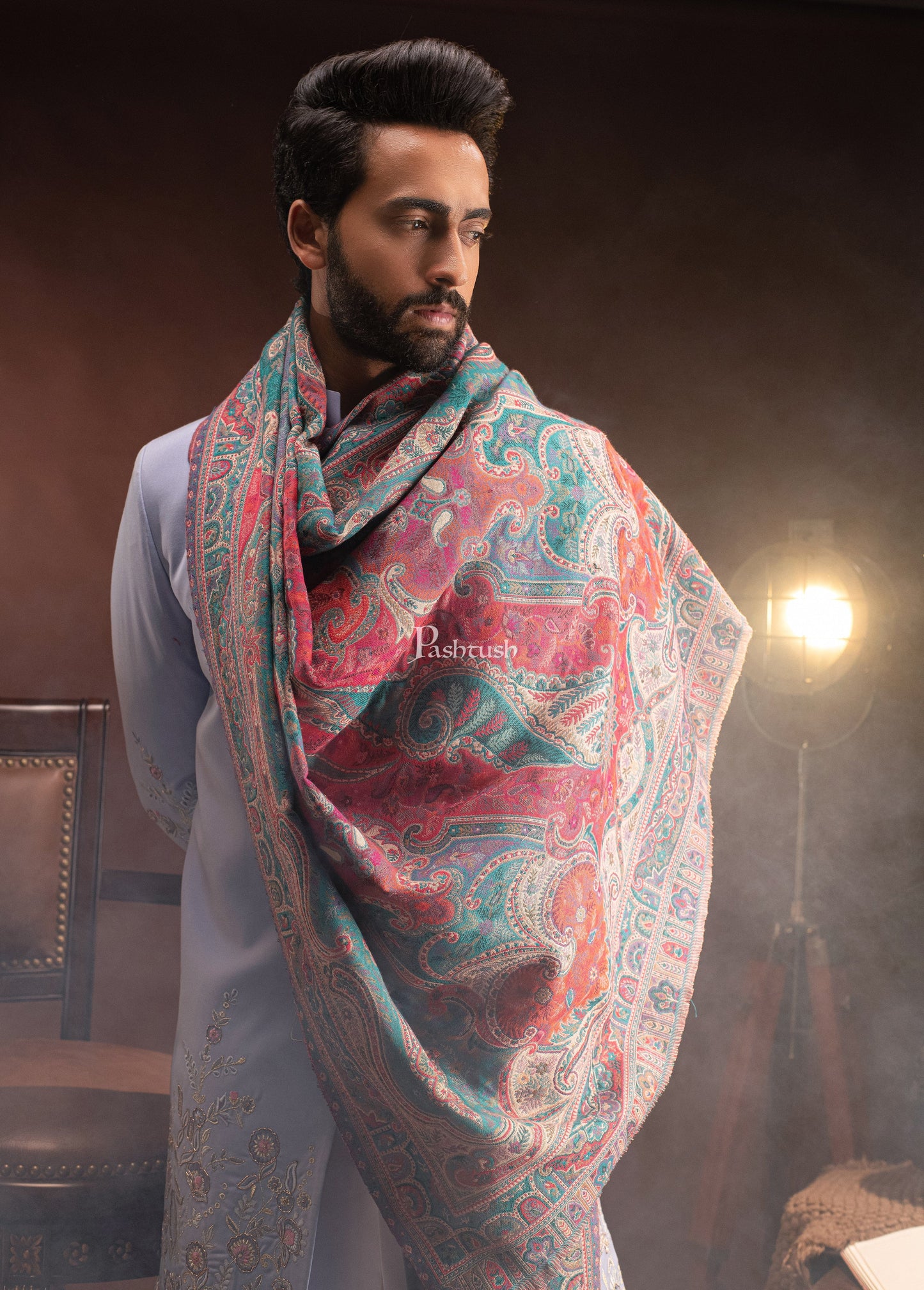 Pashtush India Mens Scarves Stoles and Mufflers Pashtush Mens Stole, Faux Pashmina, Woven Antique Heritage Design, Jamawar, Arabic Blue