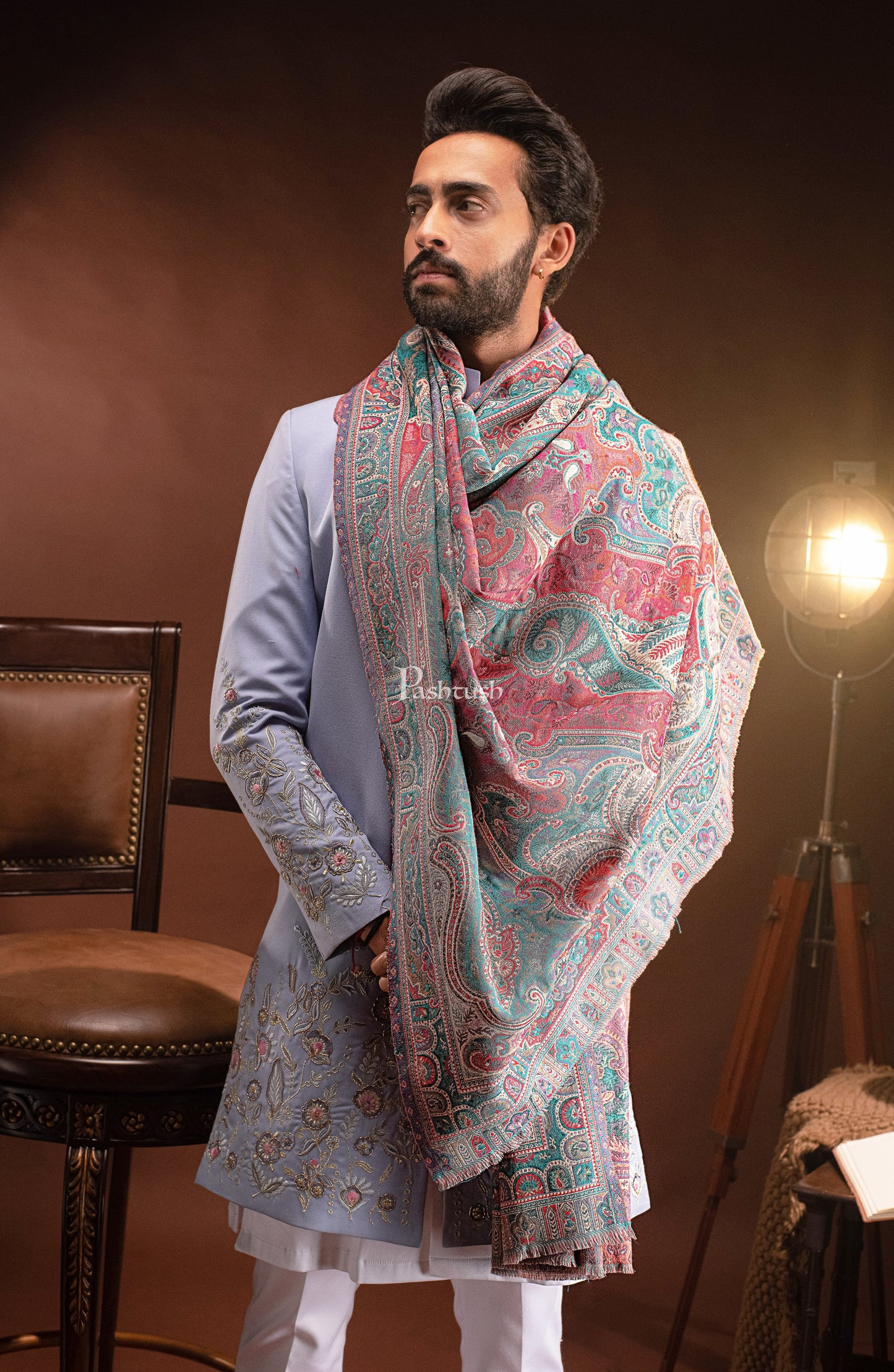 Pashtush India Mens Scarves Stoles and Mufflers Pashtush Mens Stole, Faux Pashmina, Woven Antique Heritage Design, Jamawar, Arabic Blue