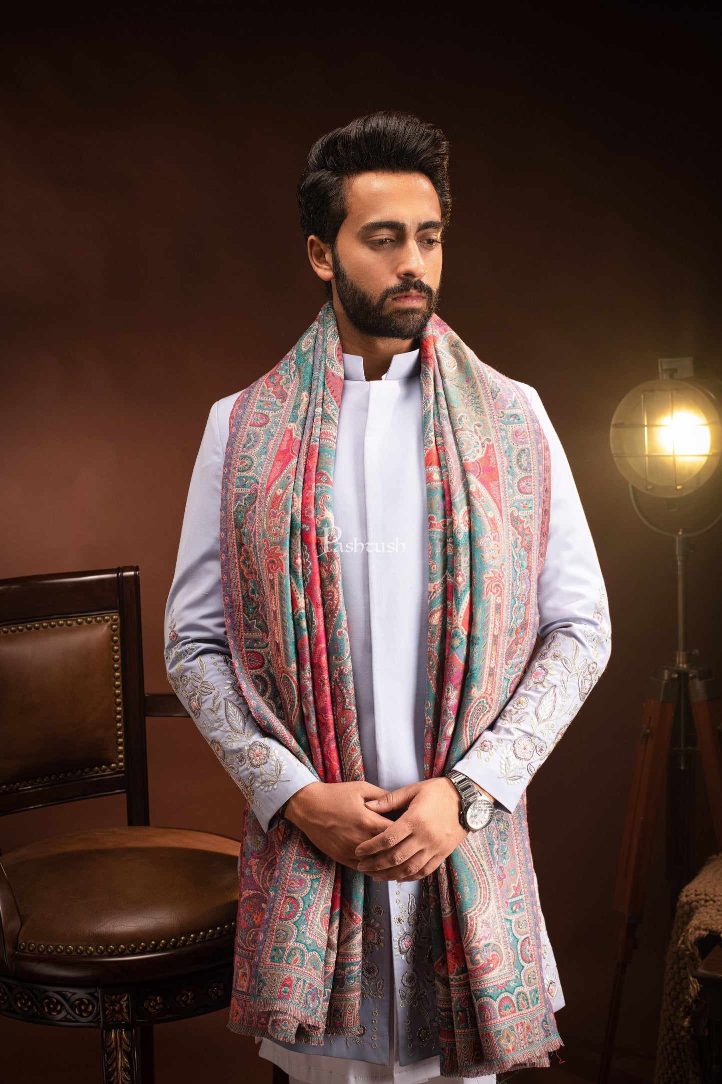 Pashtush India Mens Scarves Stoles and Mufflers Pashtush Mens Stole, Faux Pashmina, Woven Antique Heritage Design, Jamawar, Arabic Blue