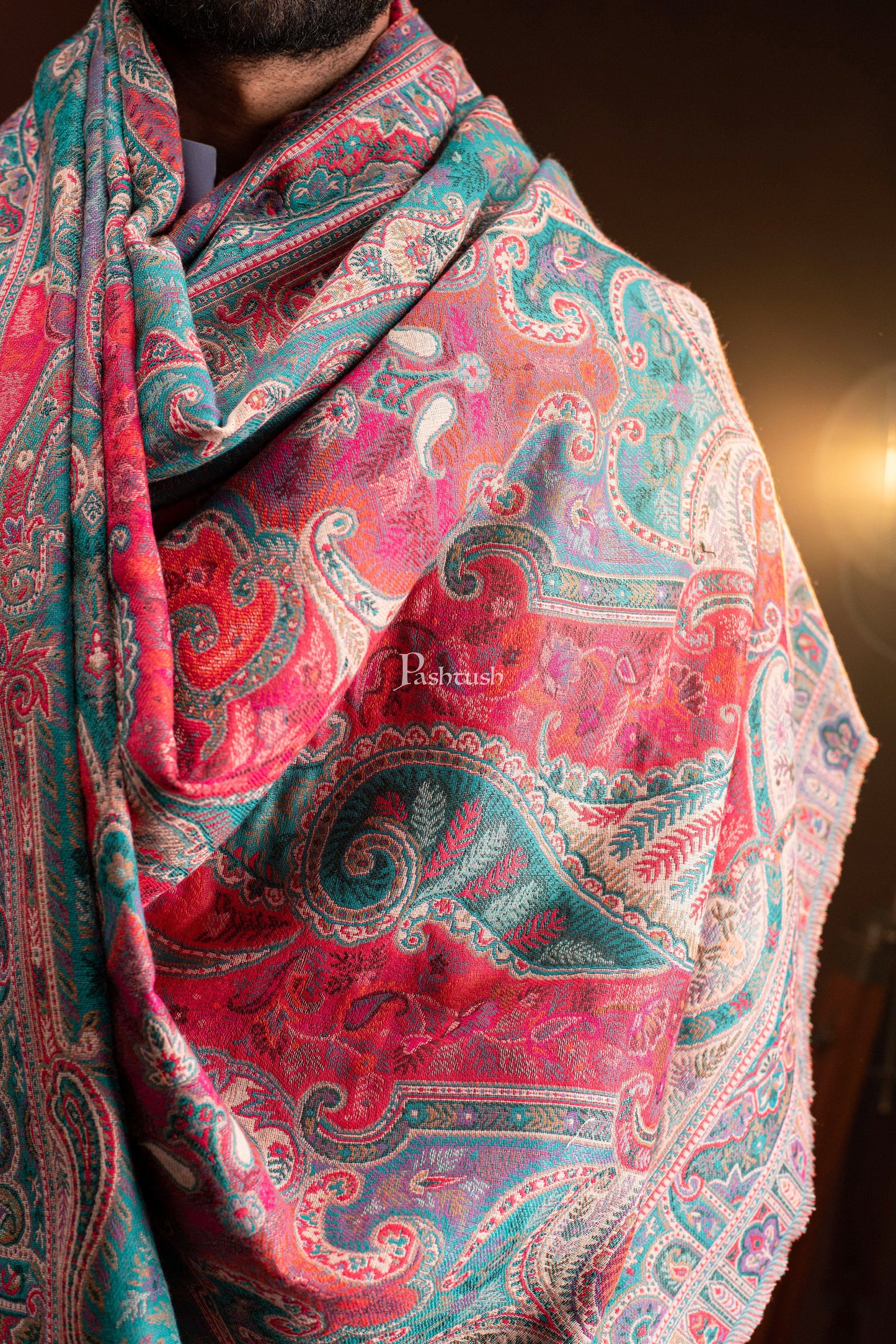 Pashtush India Mens Scarves Stoles and Mufflers Pashtush Mens Stole, Faux Pashmina, Woven Antique Heritage Design, Jamawar, Arabic Blue