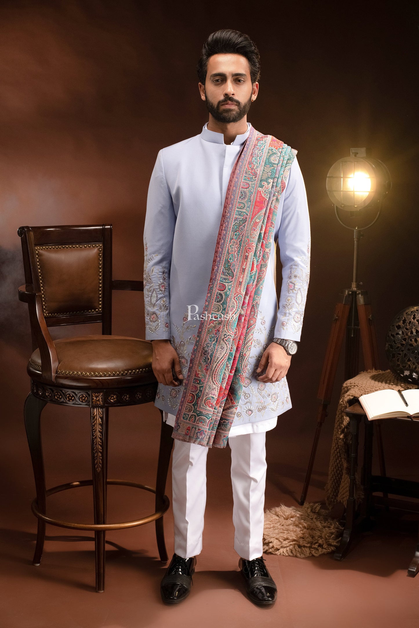 Pashtush India Mens Scarves Stoles and Mufflers Pashtush Mens Stole, Faux Pashmina, Woven Antique Heritage Design, Jamawar, Arabic Blue