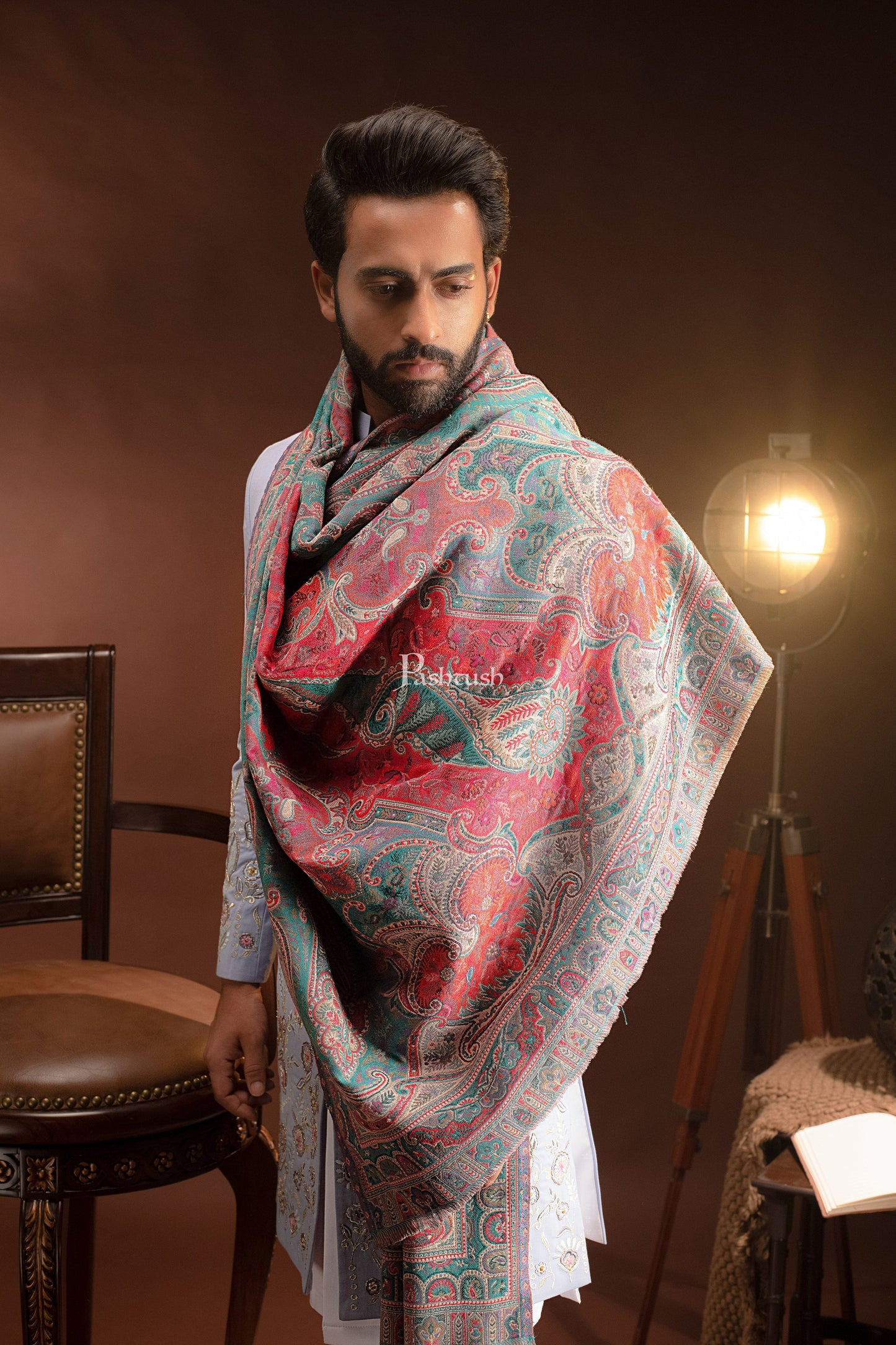 Pashtush India Mens Scarves Stoles and Mufflers Pashtush Mens Stole, Faux Pashmina, Woven Antique Heritage Design, Jamawar, Arabic Blue