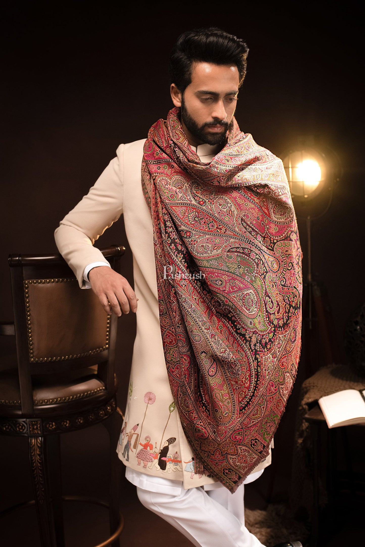 Pashtush India Mens Scarves Stoles and Mufflers Pashtush Mens Stole, Faux Pashmina, Woven Antique Heritage Design, Jamawar, Multicolour