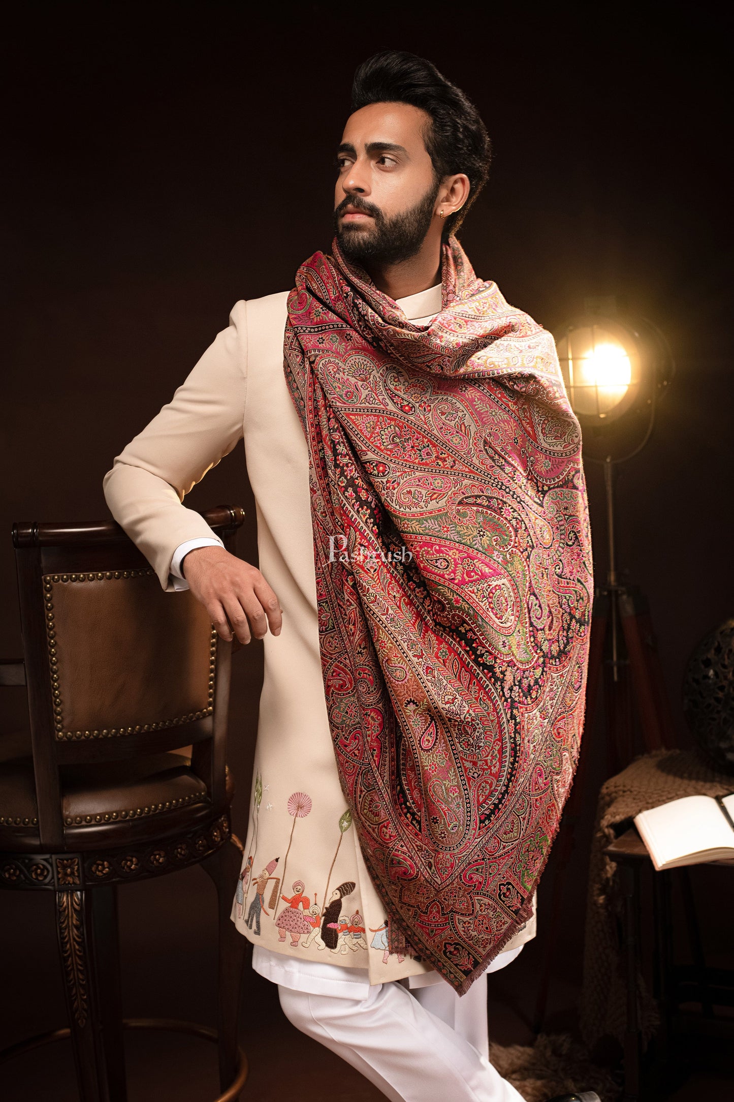 Pashtush India Mens Scarves Stoles and Mufflers Pashtush Mens Stole, Faux Pashmina, Woven Antique Heritage Design, Jamawar, Multicolour