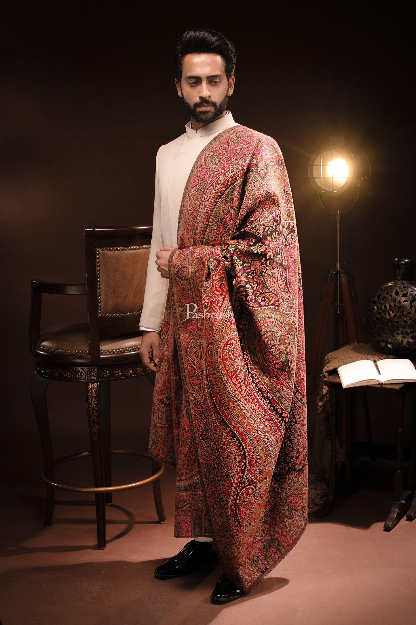 Pashtush India Mens Scarves Stoles and Mufflers Pashtush Mens Stole, Faux Pashmina, Woven Antique Heritage Design, Jamawar, Multicolour