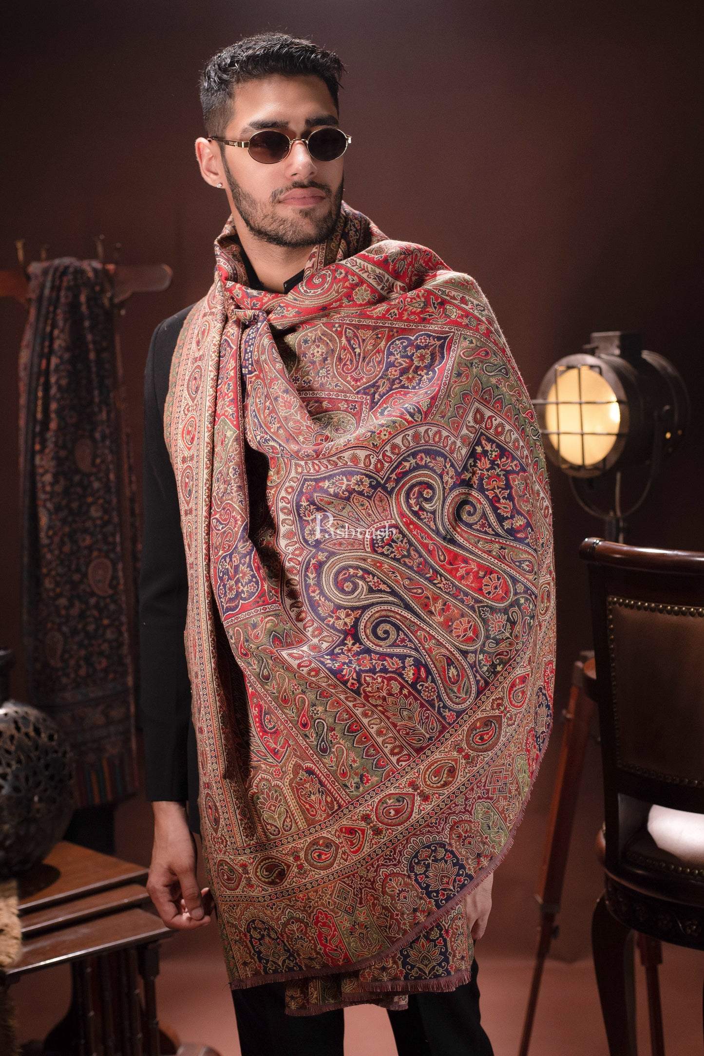 Pashtush India Mens Scarves Stoles and Mufflers Pashtush Mens Stole, Faux Pashmina, Woven Antique Heritage Design, Jamawar, Multicolour