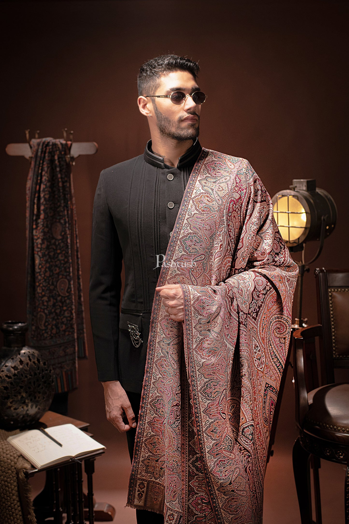 Pashtush India Mens Scarves Stoles and Mufflers Pashtush Mens Stole, Faux Pashmina, Woven Antique Heritage Design, Jamawar, Multicolour