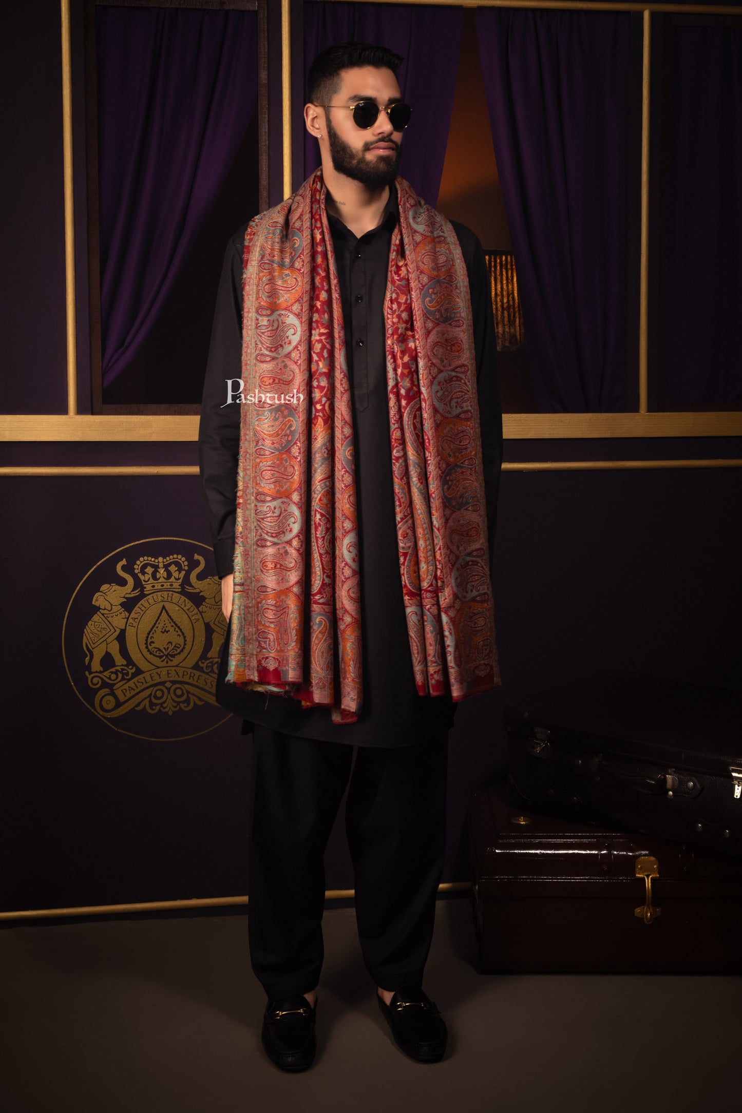 Pashtush India Mens Scarves Stoles and Mufflers Pashtush Mens Stole, Fine Wool, Ethnic Weave, Pailseys, Maroon