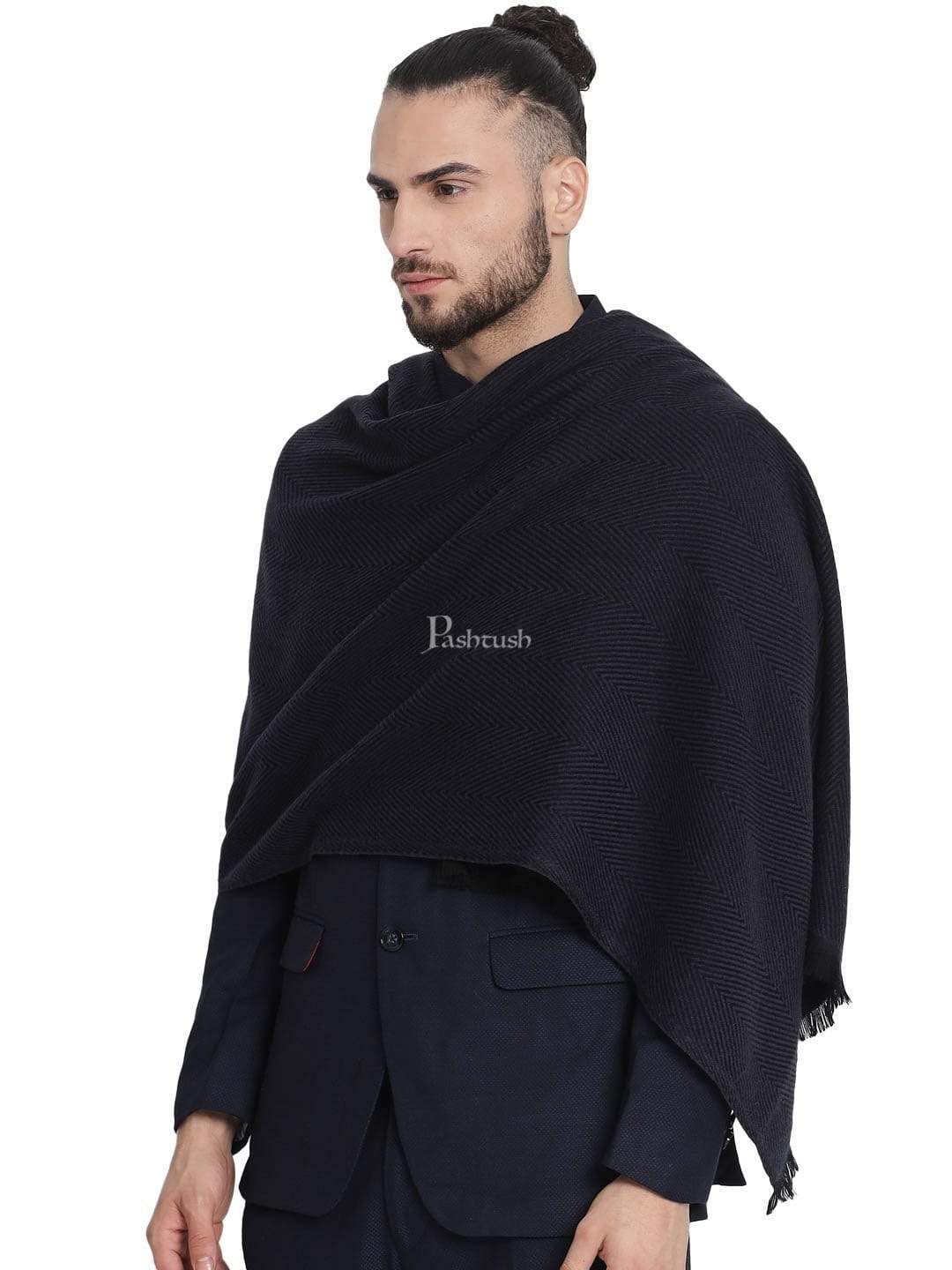 Pashtush India 100x200 Pashtush Mens Stole, Fine wool with paisley jacquard weave, Rich Black