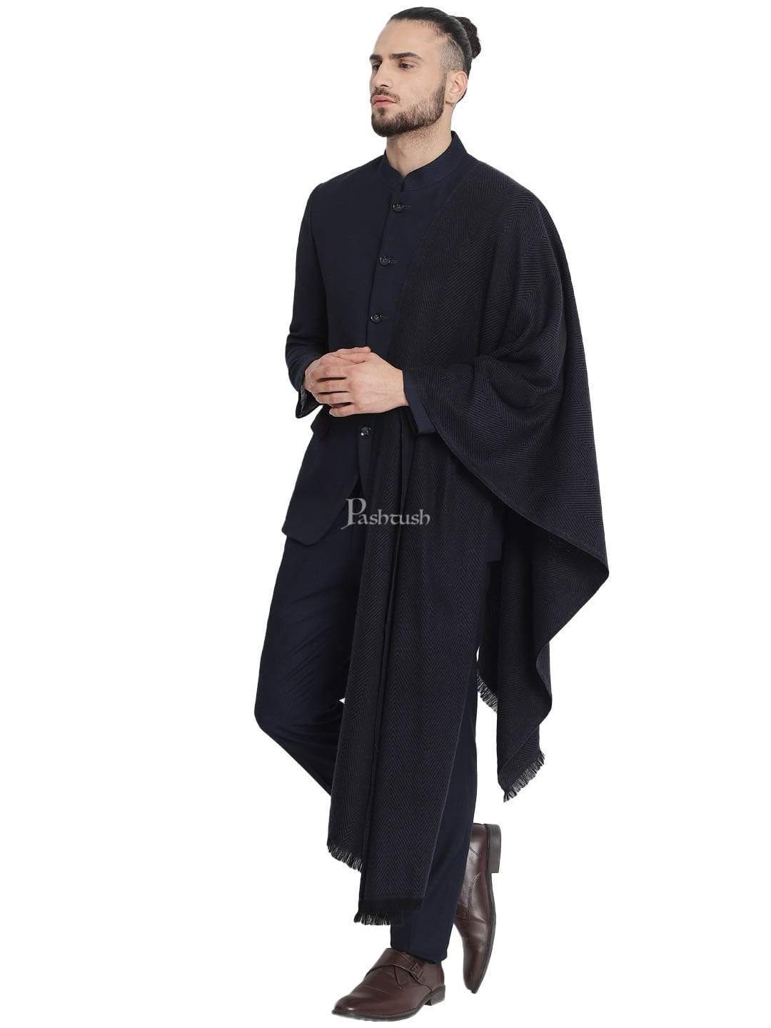 Pashtush India 100x200 Pashtush Mens Stole, Fine wool with paisley jacquard weave, Rich Black