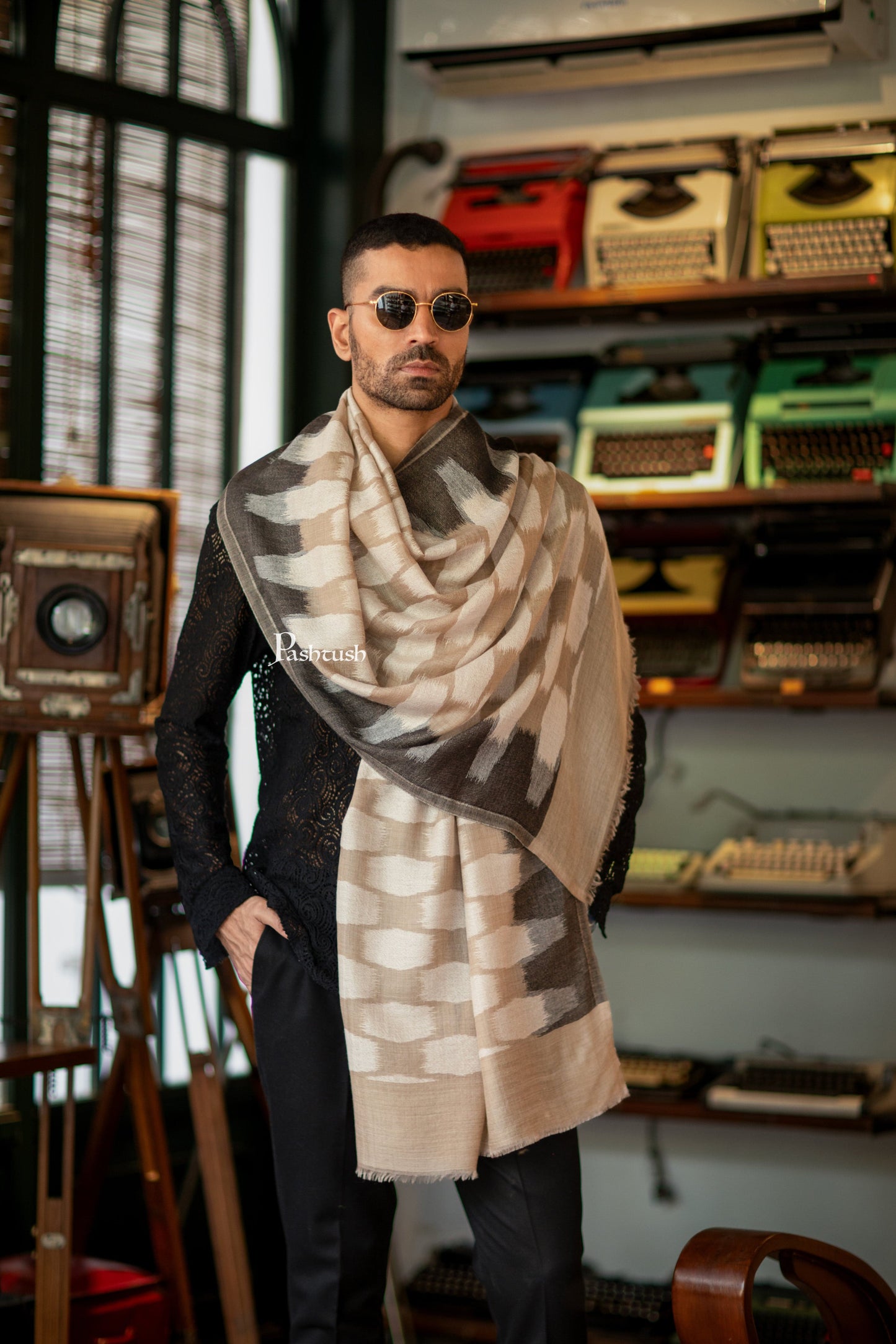 Pashtush India Mens Scarves Stoles and Mufflers Pashtush Mens Stole, Ikkat Design, Beige