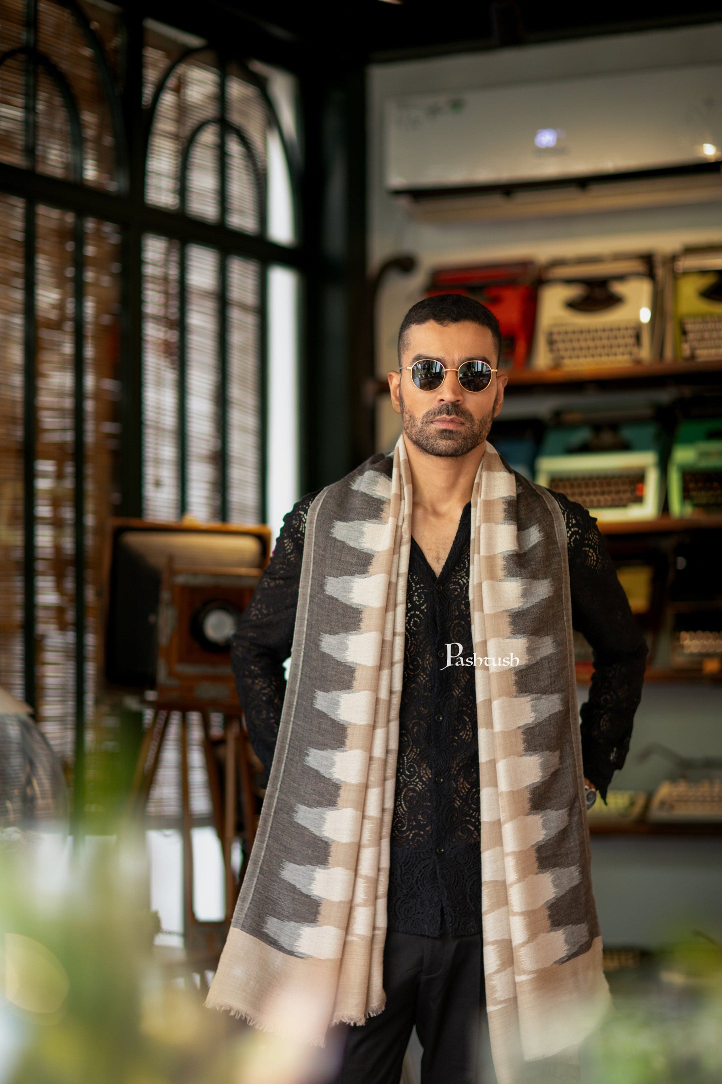 Pashtush India Mens Scarves Stoles and Mufflers Pashtush Mens Stole, Ikkat Design, Beige
