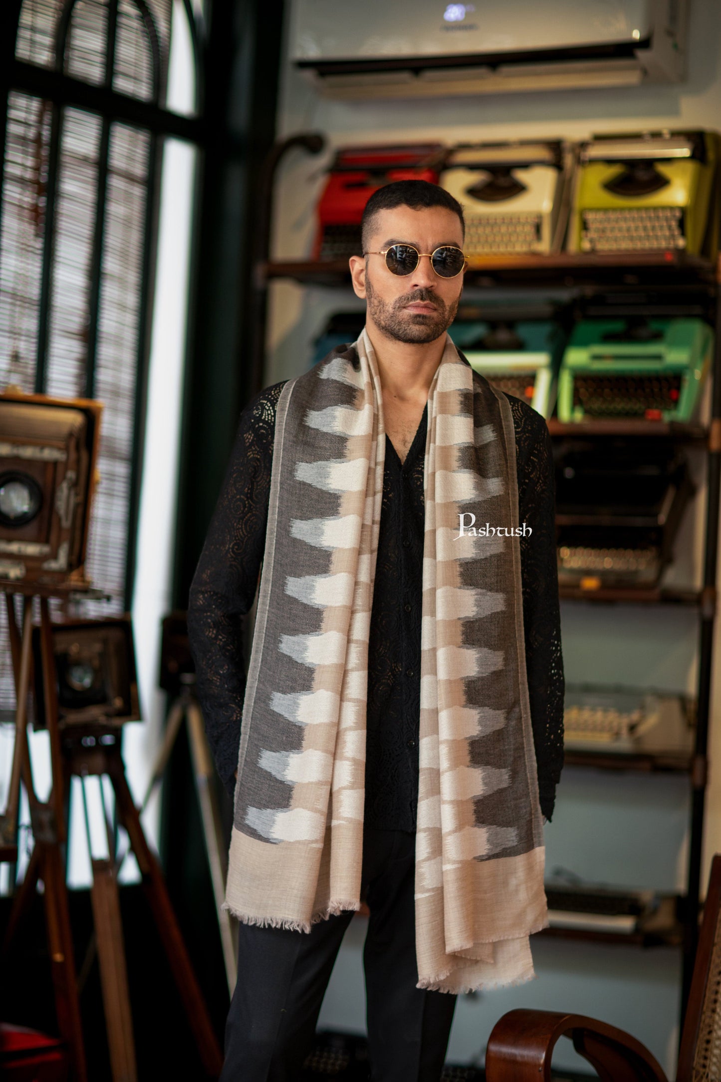 Pashtush India Mens Scarves Stoles and Mufflers Pashtush Mens Stole, Ikkat Design, Beige