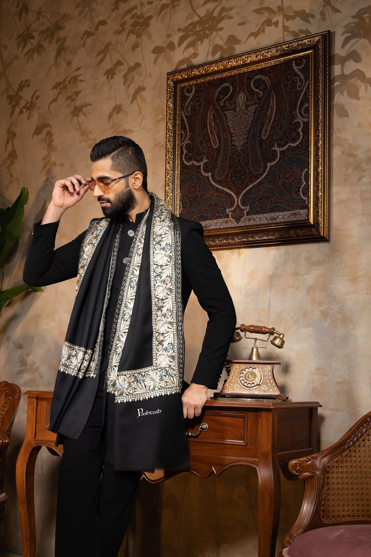 Pashtush India Mens Scarves Stoles and Mufflers Pashtush Mens Stole, Kashmiri Tilla Embroidery, Border Design, Twilight Collection, Black