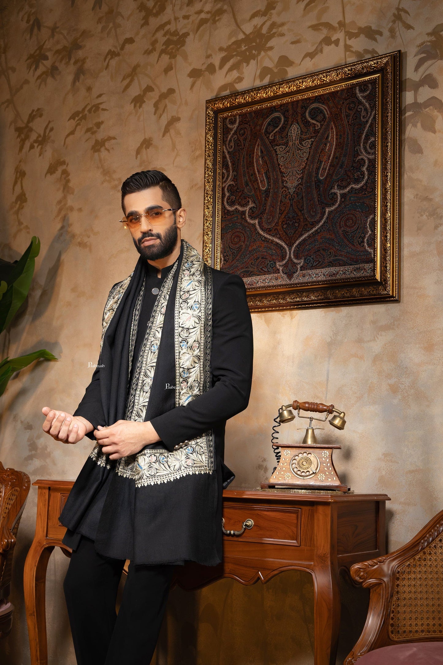 Pashtush India Mens Scarves Stoles and Mufflers Pashtush Mens Stole, Kashmiri Tilla Embroidery, Border Design, Twilight Collection, Black