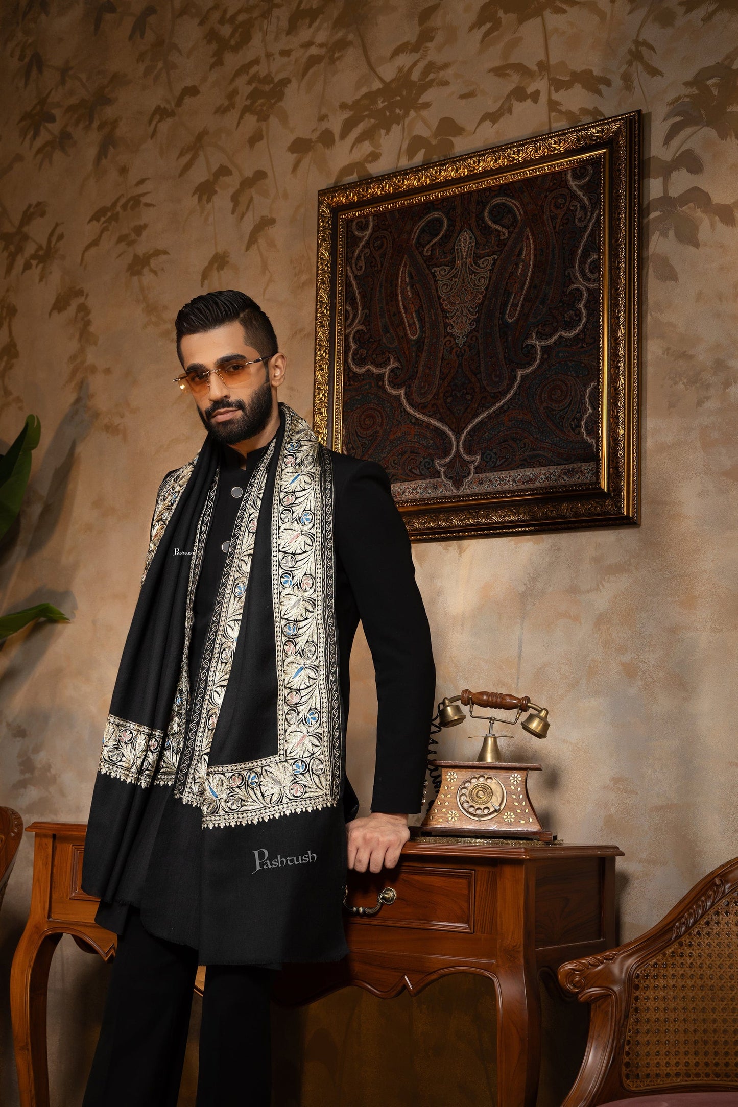 Pashtush India Mens Scarves Stoles and Mufflers Pashtush Mens Stole, Kashmiri Tilla Embroidery, Border Design, Twilight Collection, Black