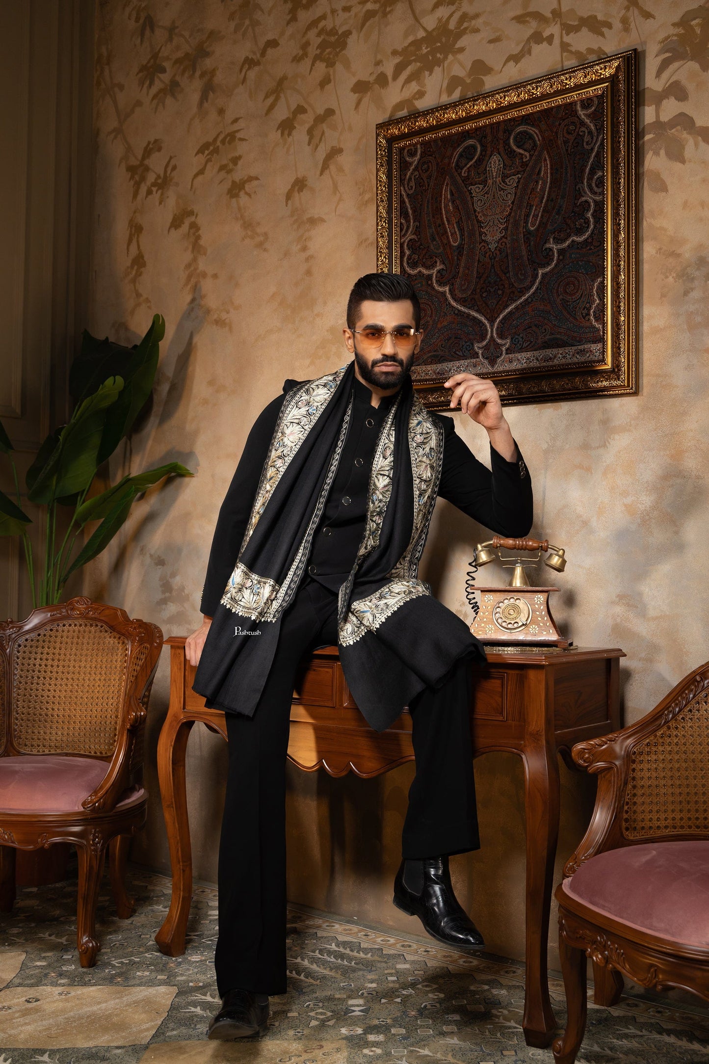 Pashtush India Mens Scarves Stoles and Mufflers Pashtush Mens Stole, Kashmiri Tilla Embroidery, Border Design, Twilight Collection, Black