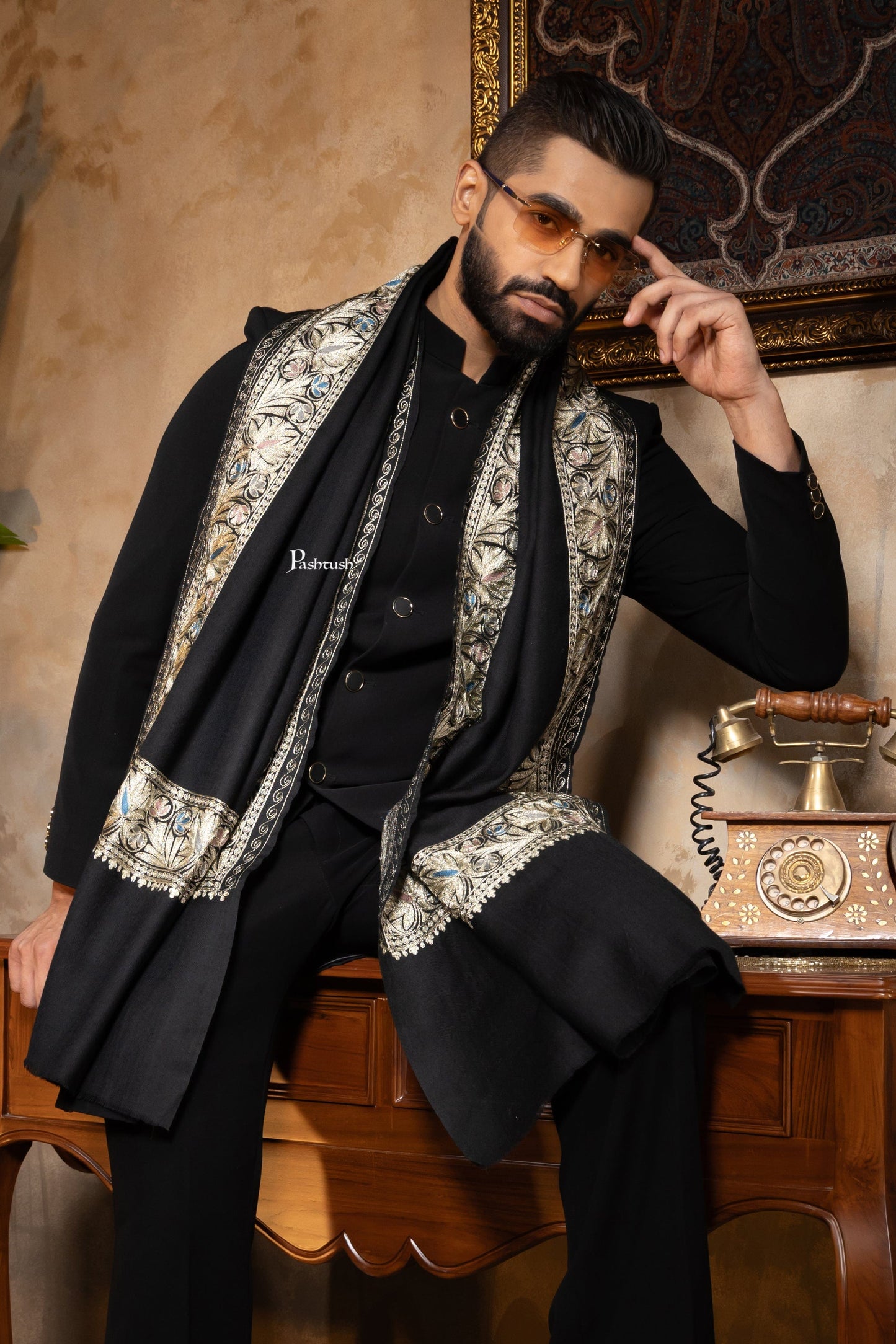Pashtush India Mens Scarves Stoles and Mufflers Pashtush Mens Stole, Kashmiri Tilla Embroidery, Border Design, Twilight Collection, Black