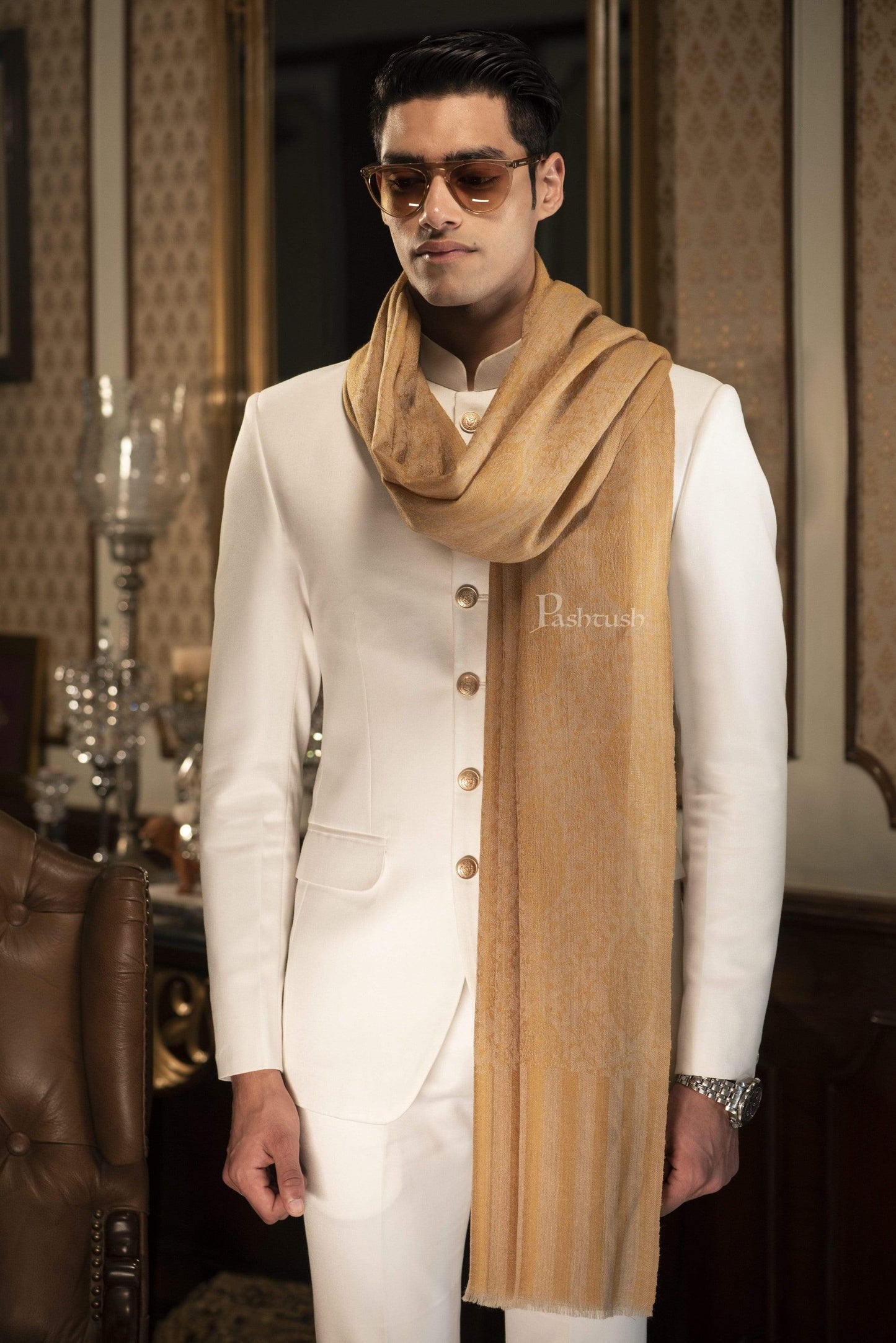 Pashtush India 100x200 Pashtush Mens Stole Scarf, Extra Soft Wool - Medallion Mustard