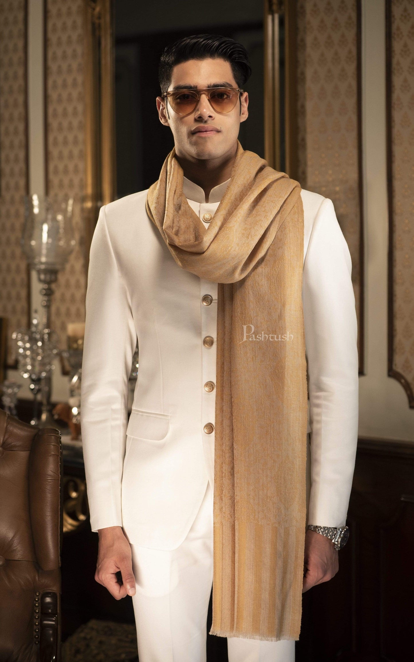 Pashtush India 100x200 Pashtush Mens Stole Scarf, Extra Soft Wool - Medallion Mustard