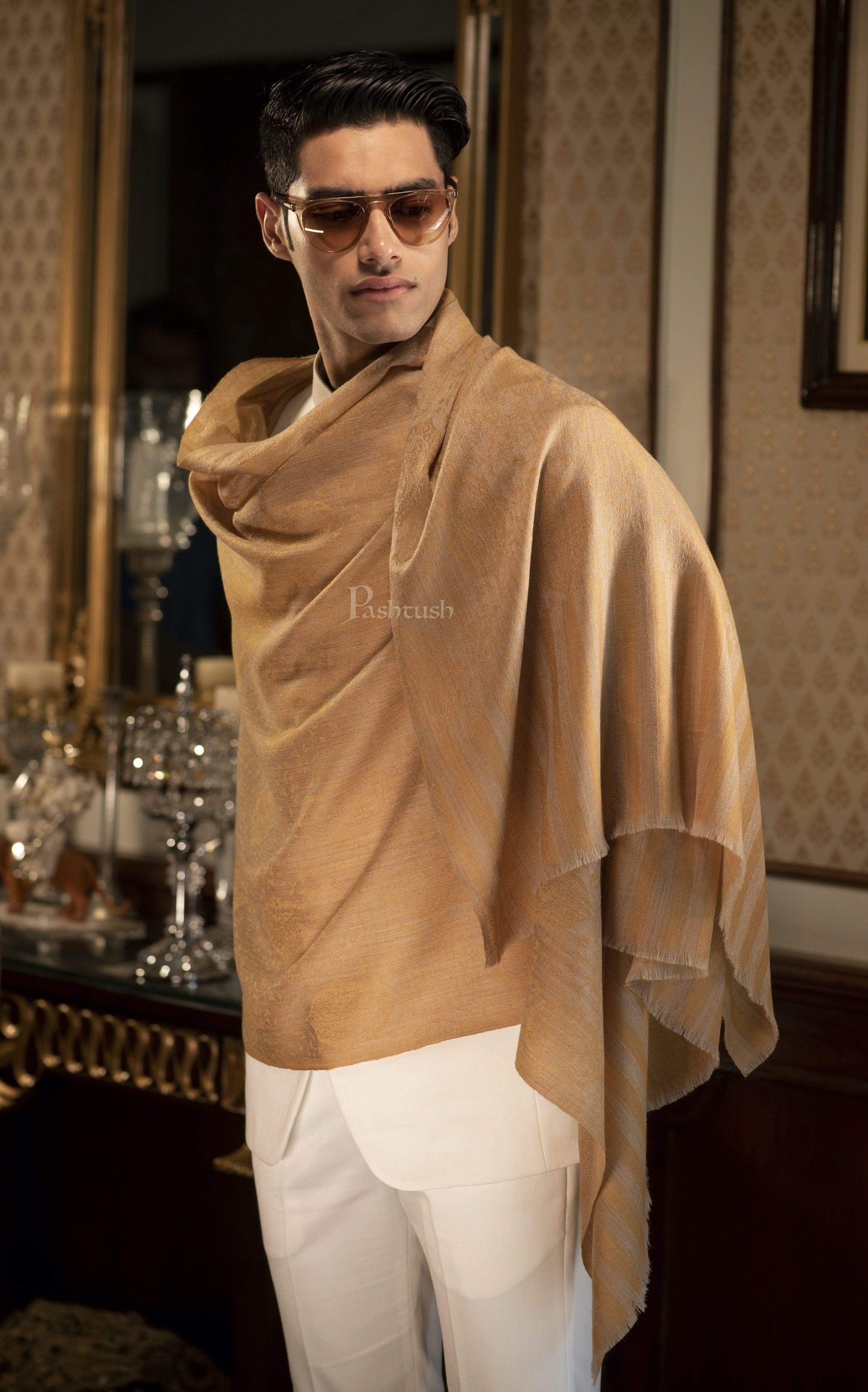 Pashtush India 100x200 Pashtush Mens Stole Scarf, Extra Soft Wool - Medallion Mustard
