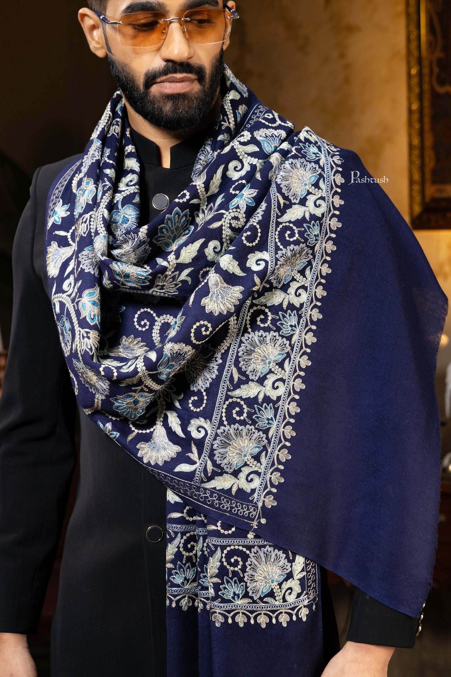Pashtush India Mens Scarves Stoles and Mufflers Pashtush Mens Stole, Silk Wool Fine Embroidery, Navy Blue