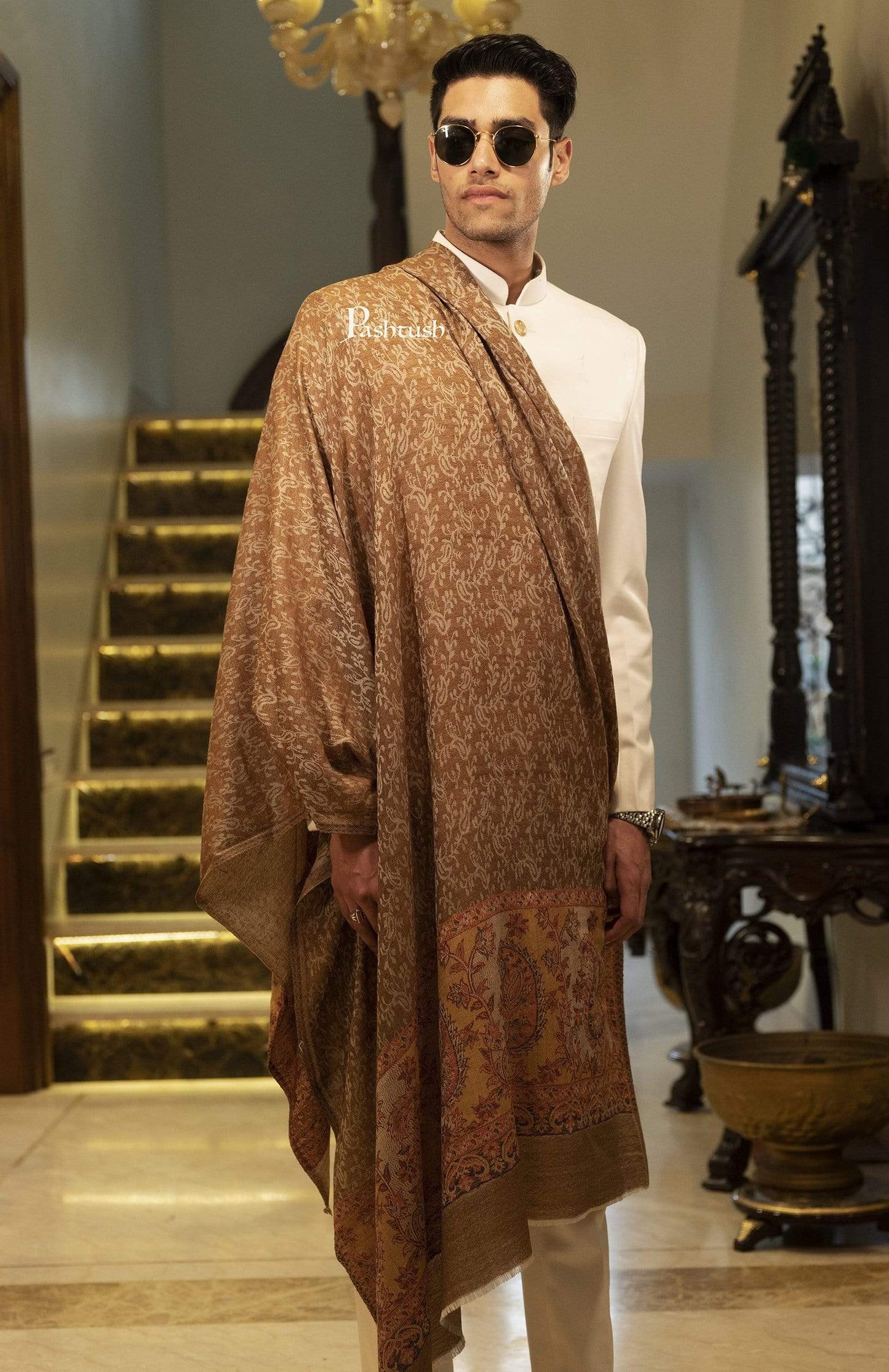 Pashtush Shawl Store Stole Pashtush Mens Stole, Soft Wool with Ambi Weave Palla, Espresso Brown